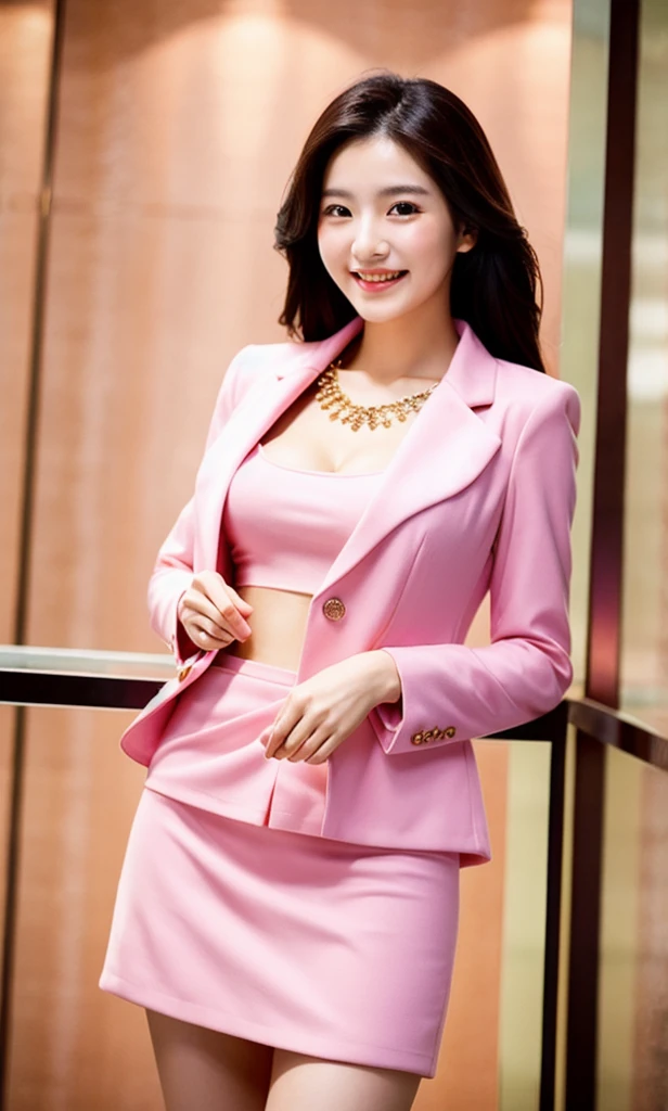 Full body of beautiful korean female, 30 inch breasts size, cheerful smile, Height 172 cm,wearing pink suit, and short skirt, in a luxury jewelry store,, bokeh background, UHD