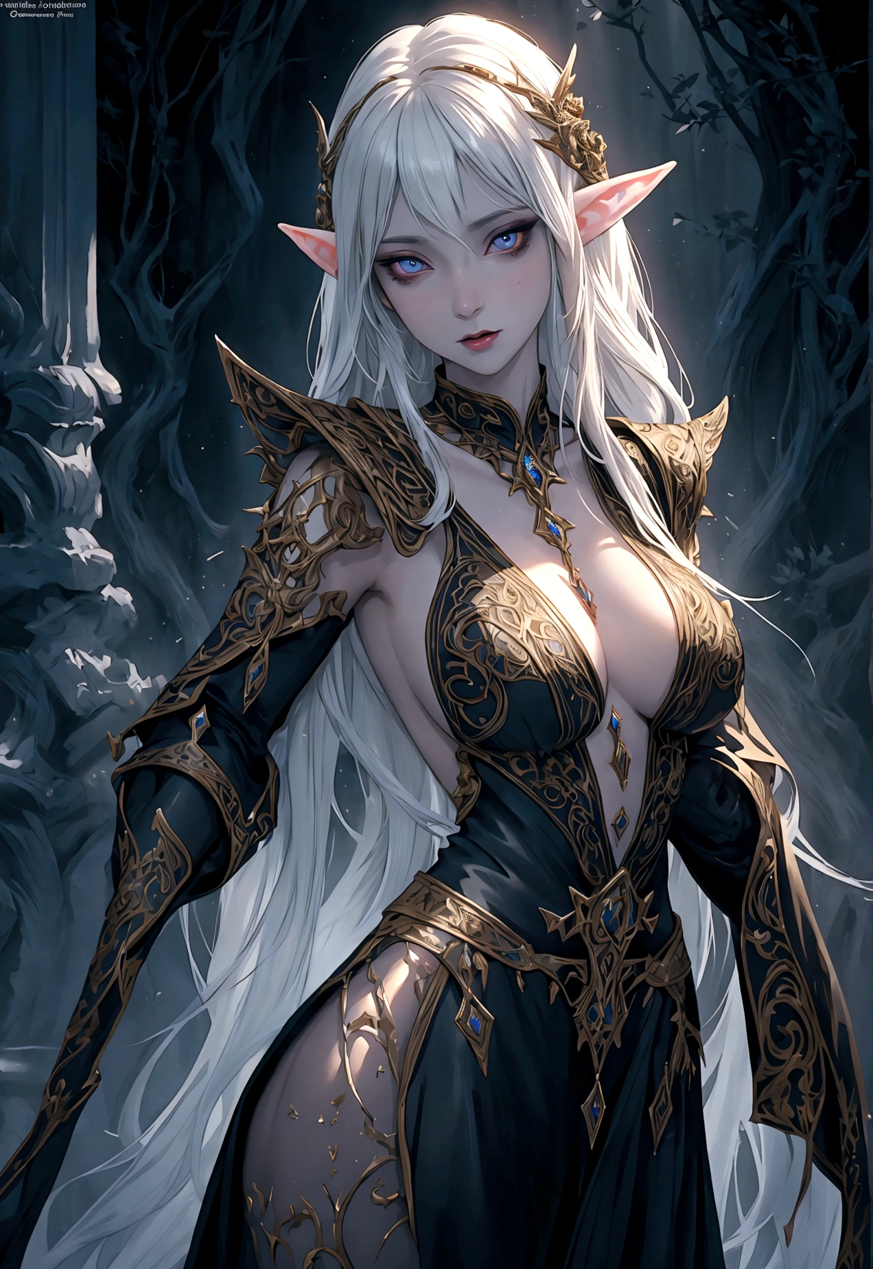 a female elven mage cursed with lust, ecstatic expression, partially nude, dynamic poses, intricate details, cinematic lighting, dark fantasy, dramatic colors, chiaroscuro, award winning digital art