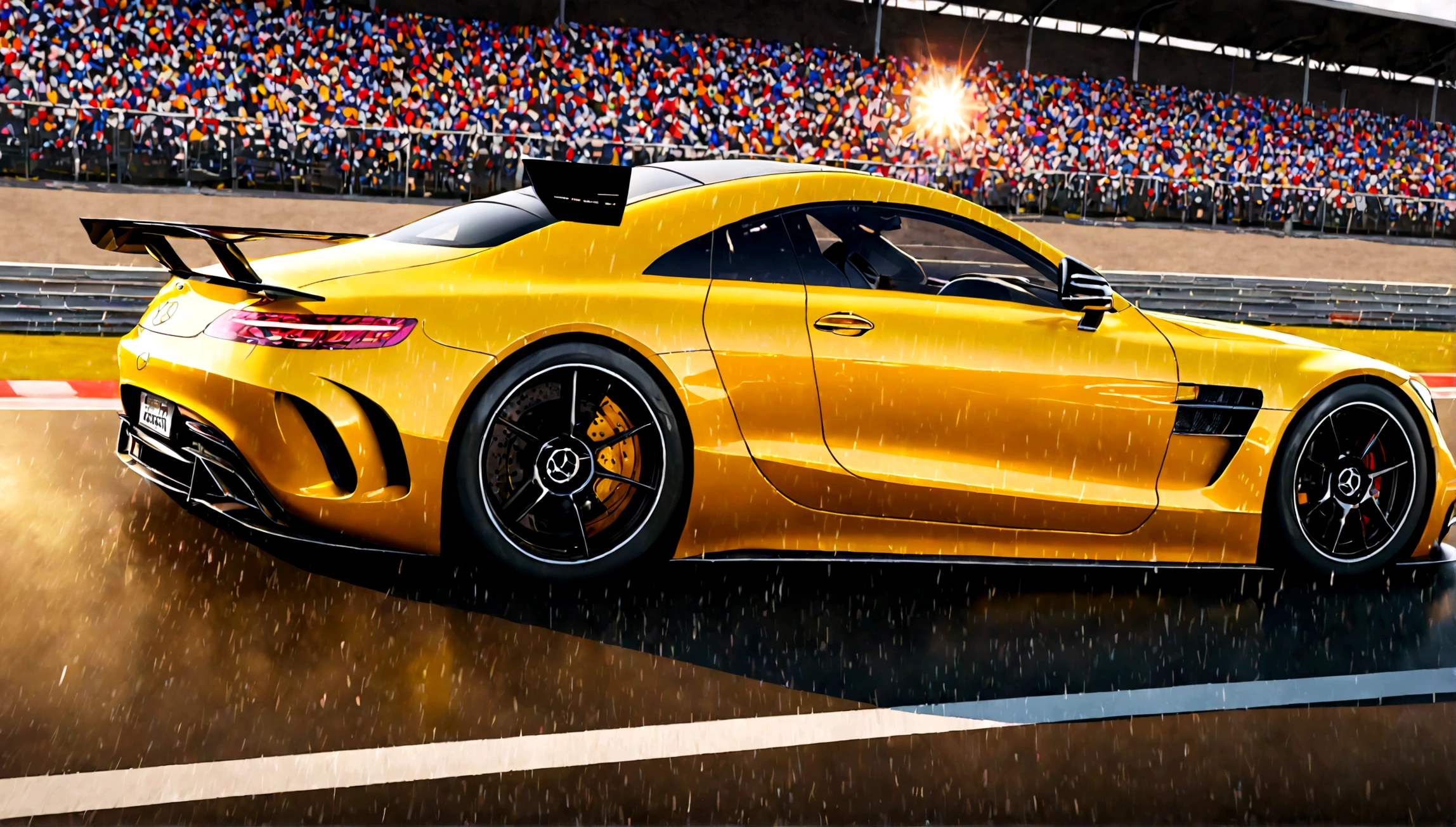 a highly detailed, photorealistic rendering of a yellow mercedes benz sports car, sleek and aerodynamic design, racing on a racetrack, dramatic lighting, vivid colors, extreme detail, dynamic motion blur, reflection on the shiny body panels, muscular engine, professional motorsports photography, 4k, octane render
