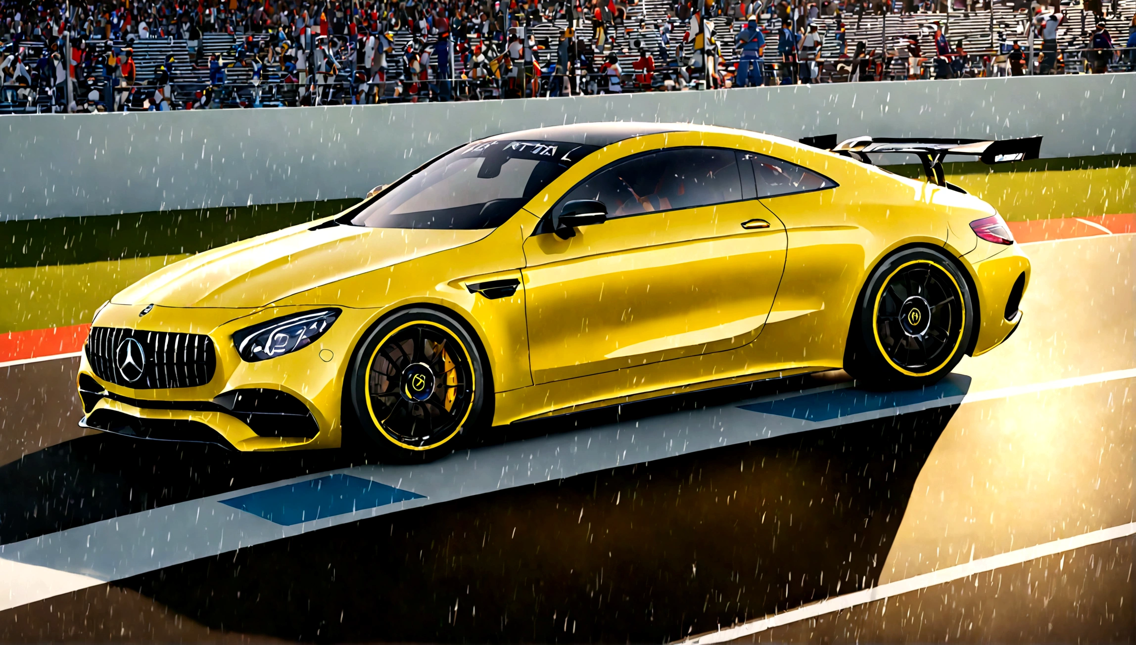 a highly detailed, photorealistic rendering of a yellow mercedes benz sports car, sleek and aerodynamic design, racing on a racetrack, dramatic lighting, vivid colors, extreme detail, dynamic motion blur, reflection on the shiny body panels, muscular engine, professional motorsports photography, 4k, octane render