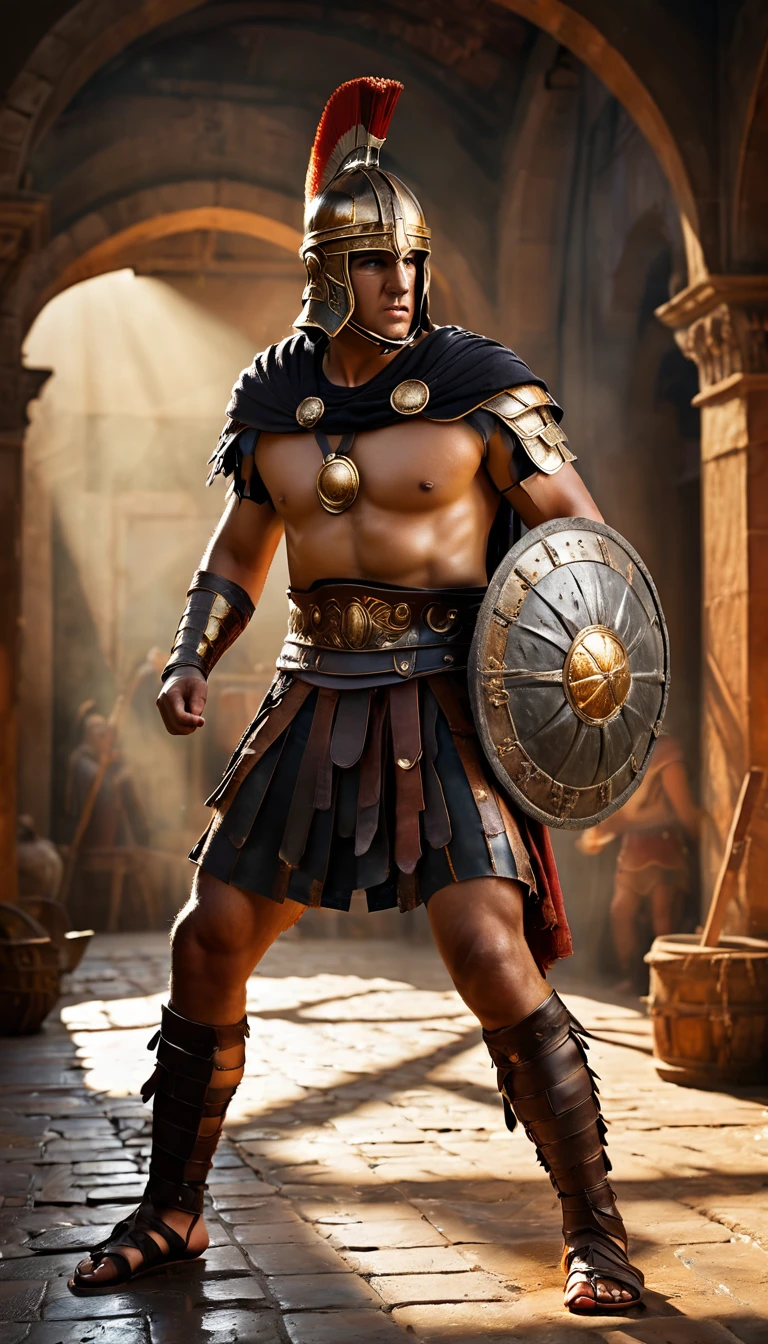 As the sun began to set, The warm golden color of the sun shone on his clothes, Intense gladiator duel, set in ancient Rome, historical painting, background dark, hyper realistic, ultra detailed hyper realistic, photorealistic, Studio Lighting, reflections, dynamic pose, Cinematic, Color Grading, Photography, Shot on 50mm lens, Ultra-Wide Angle, Depth of Field, hyper-detailed, beautifully color, 8k, golden light from the front,