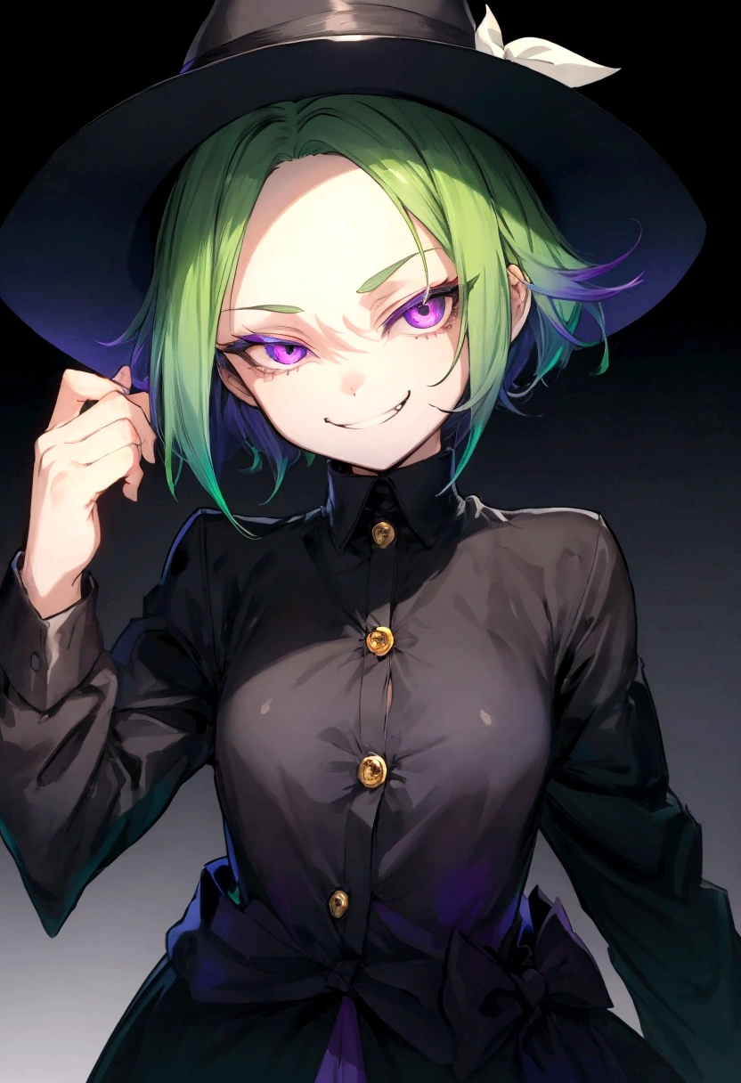 One woman, night, (whole body:1.1), split mouth, , smirk, evil grin, grin, Yellow-green hair, BREAK, Purple eyes, BREAK, Tree Eyes, White, suspicious, Perfect Eyes, Perfect Face, black wide brim hat, (Gradient Background:1.2), half-closed eyes, Slender, (very short hair,) (forehead), (shaggy cut,) (evil,)