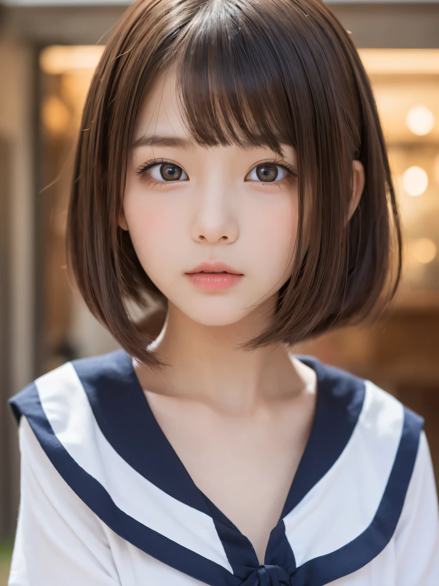 One Girl,(One very cute girl:1.3),masterpiece,highest quality,High resolution,beautiful girl,(:1.3),cute,Big eyes,(detailed pupils:1.2),(The face is facing straight ahead:1.3),Body facing forward,Beautiful nose,Fuller lips,Short black hair,ponytail,short hair,Detailed eyelashes,Thin eyebrows,Very fine grain definition,(Symmetrical eyes:1.3),(Face close-up,Face Focus:1.0),Sailor suit,Student style,Portrait,View Viewer,Cinema Lighting,High resolution,Very detailed