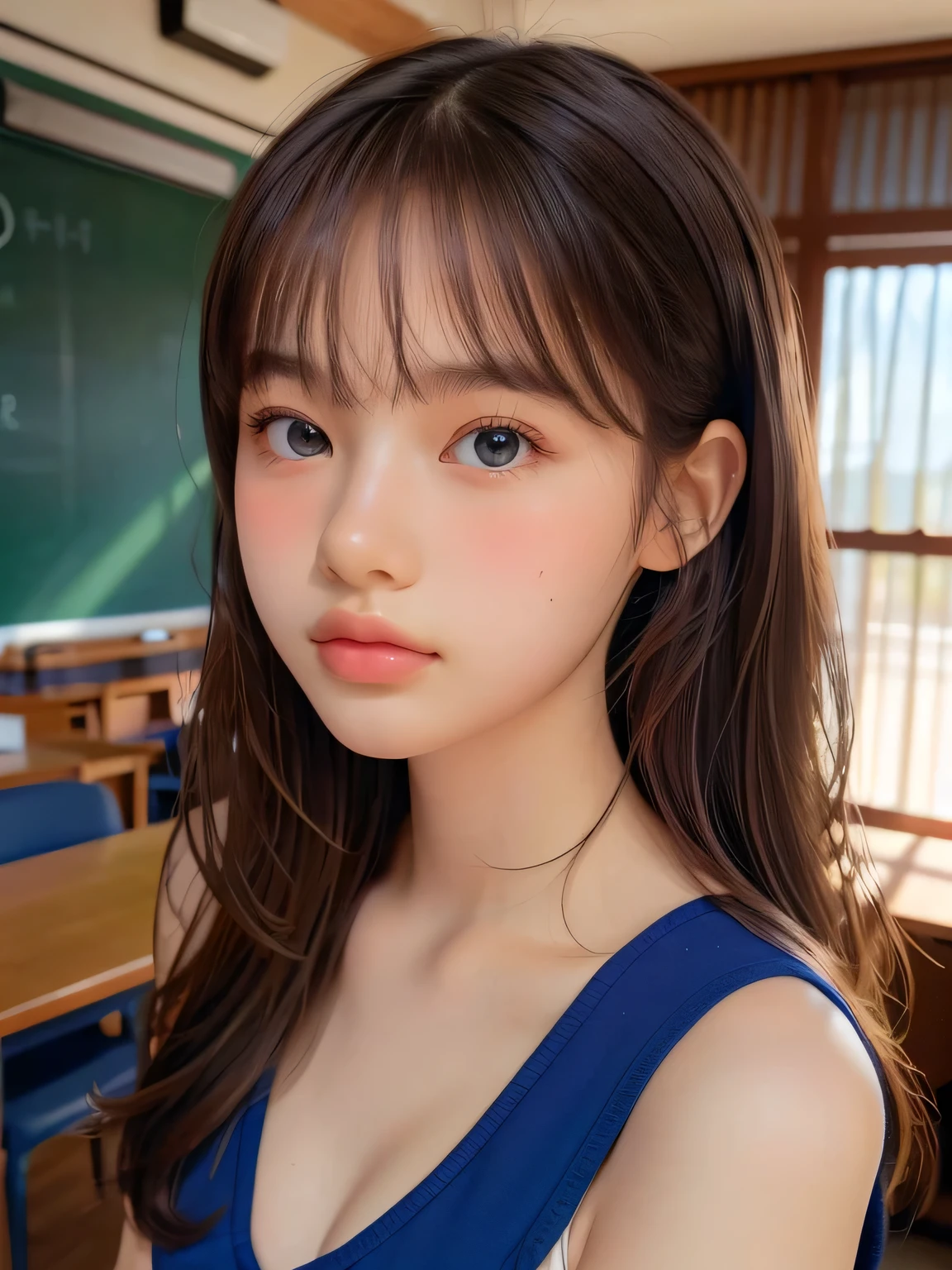 ((masterpiece, highest quality, High resolution)), 1 girl, (Realistic: 1.4), Beautiful face, Beautiful Hair, Beautiful eyes, Glowing Skin, ************, Sailor suit, classroom, Sit on a desk, Side angle, sunshine, Backlight, Professional photographer photography