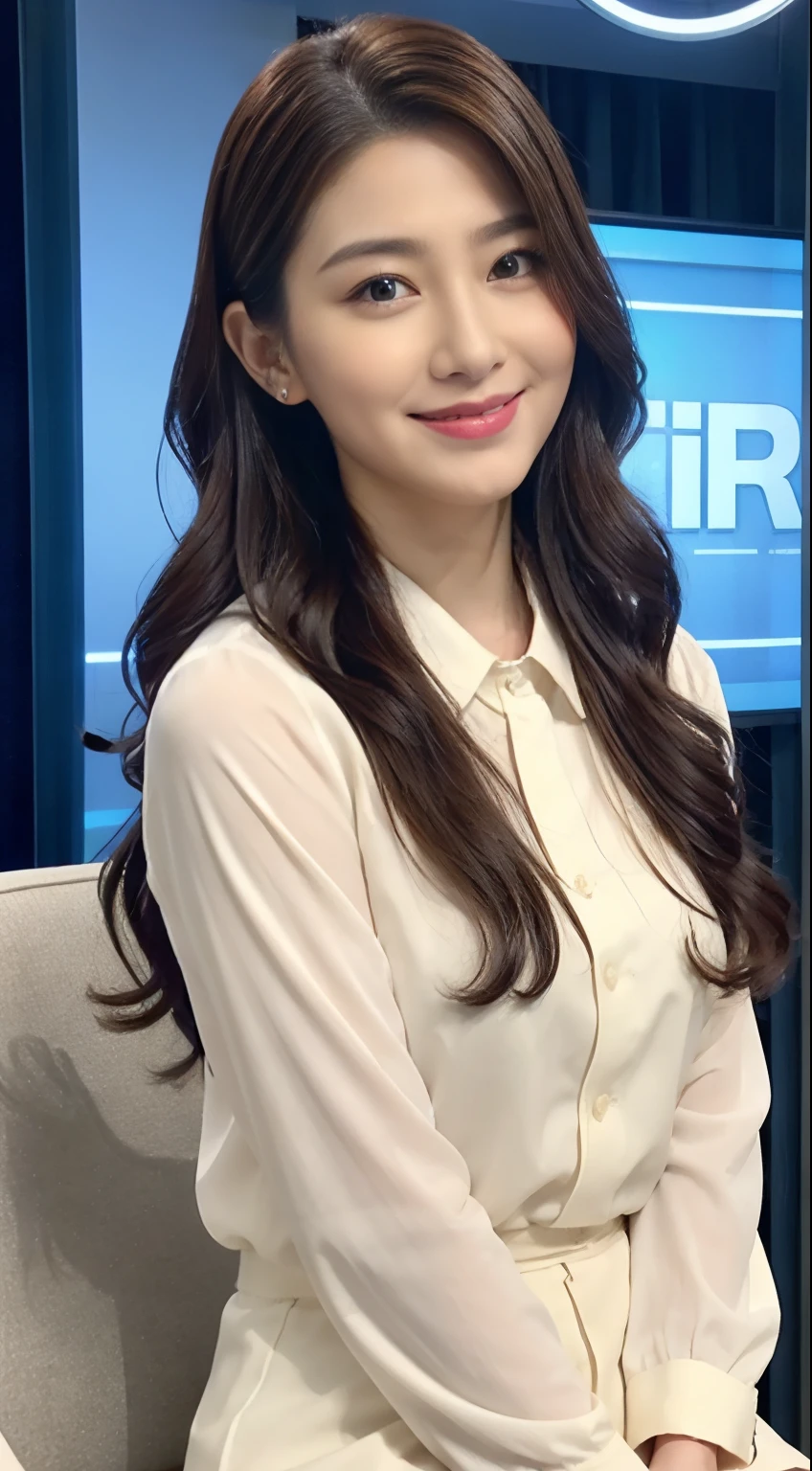 Best image quality、超A high resolution、One Girl、Beautiful Face、Long Hair、An announcer wearing a long-sleeved tight summer uniform、Sitting in the studio
