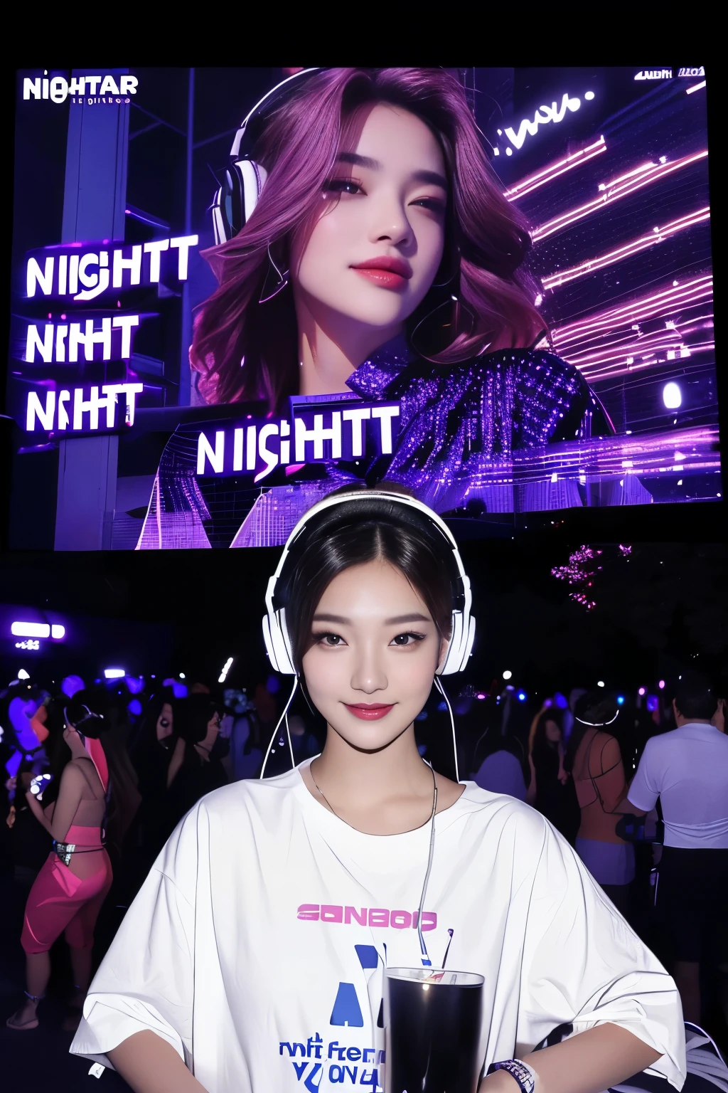 Party poster with beautiful woman in white shirt and headphones, summer festival night, DJ rave party, ((((((((night)))))))) day time, pool party, night, disco party, DJ at a party, summer night, DJ, DJ set, rave party, dance , Andy Park, 2024, 2 0 2 4, 