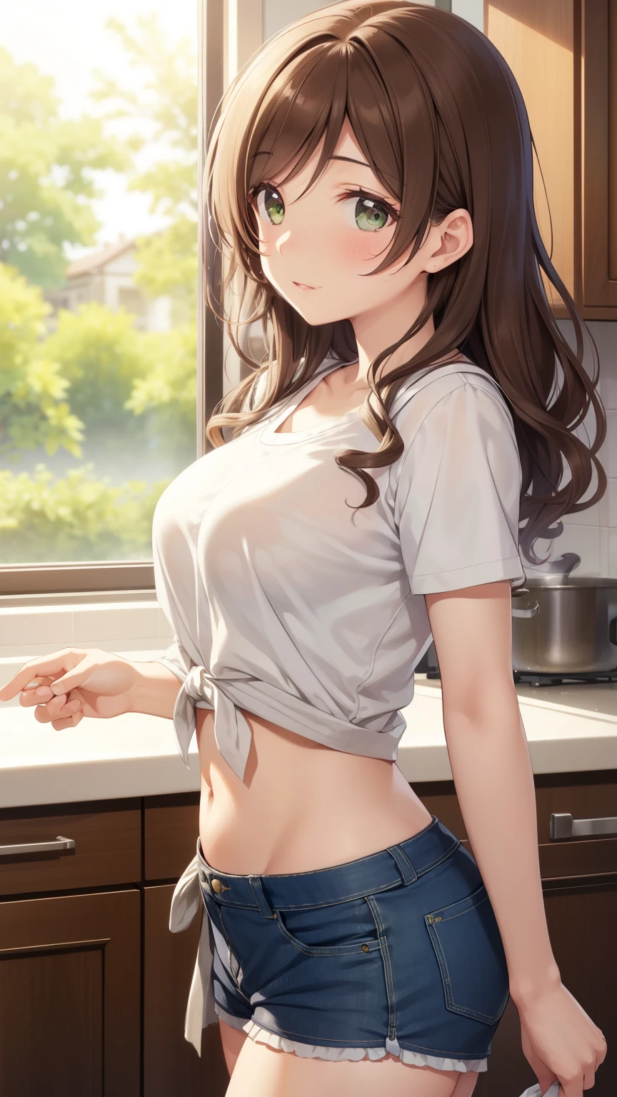 nozomitoujou, nozomi toujou, green eyes, brown hair, curly hair, breasts, masterpiece, best quality, high resolution, beautiful detailed eyes, extremely detailed face, good lighting, detailed CG, messy hair, from the side, tied shirt, midriff, short shorts, kitchen, housework