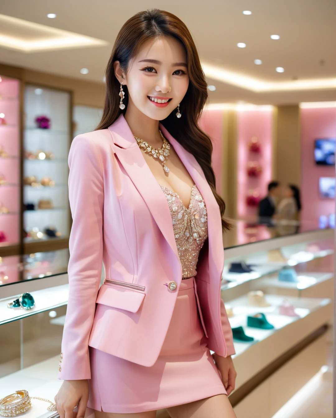 Full body of beautiful korean female, 31 inch breasts size, cheerful smile, Height 172 cm,wearing pink suit, and short skirt, in a luxury jewelry store,, bokeh background, UHD