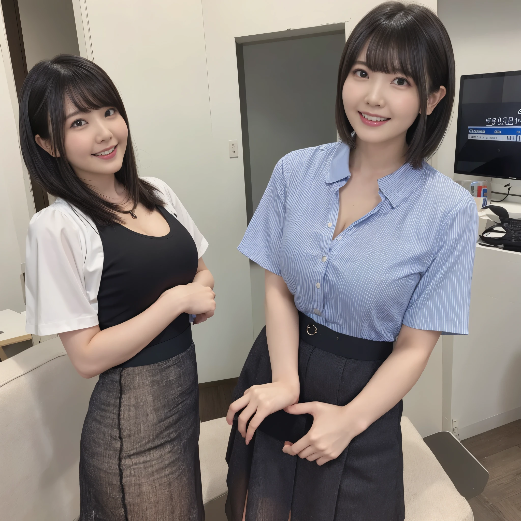 (Office Lady、Micro Mini Skirt、Short sleeve、ass、Black Hair、Big Ass、Inside the office、Very large weather forecast map)、Extremely sexy、smile、Are standing、Professional Lighting、Small waist、Beautiful adult woman、Captivating thighs、Very large breasts、Cleavage、