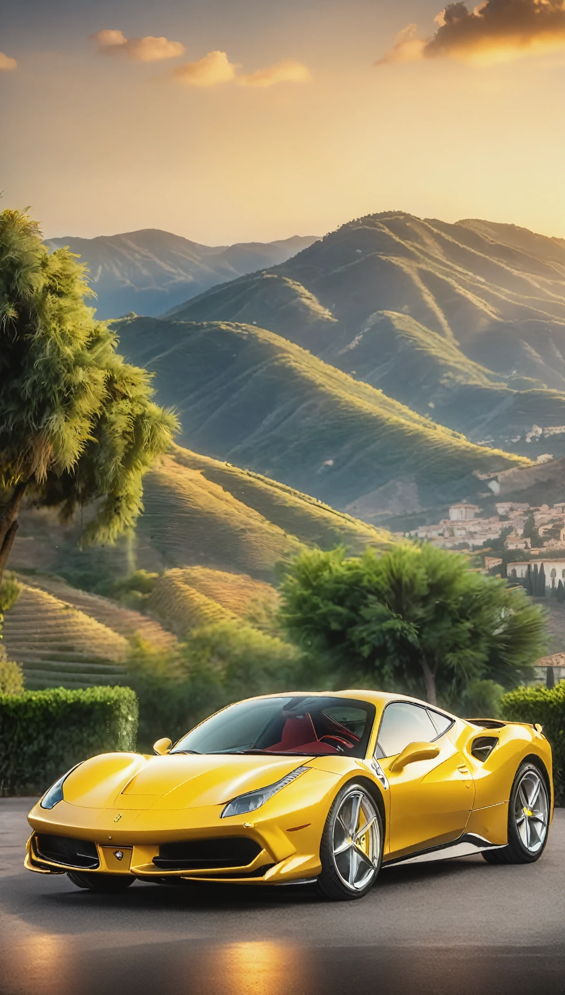 A fascinating tableau of cinematic masterpieces、The Ferrari 488 GTB is packed with intricate detail and realism.、It embodies the essence of sophisticated and powerful luxury.。Bask in the golden glow of a sun-drenched Italian villa、Green hills and cypress trees々Against the backdrop of、The car&#39;s iconic red body shines。The finely crafted aluminum alloy、The iconic prancing horse emblem is an accent.、It represents the rich heritage and performance of this incredible automobile.。This ultra-realistic and highly detailed expression、Serves as a magnificent tribute to the pure beauty and elegance of an automotive icon。