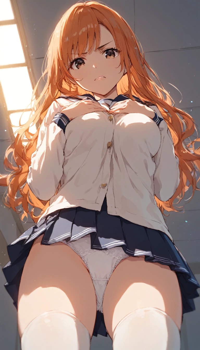 score_9, score_8_up, score_7_up, source anime, megami magazine, dynamic lighting, backlighting, rating safe, absurdity, 1girl, ager, large breasts, sit astride, from below, pov, ceiling, beautiful detailed eyes, brown eyes, contemptuous, disdain, disgust, eye focus, looking down at viewer, orange hair, long hair, closed mouth, teeth, serafuku, long sleeves, pleated skirt, white thighhighs, loafer, covering chest by hand, panty, sole,