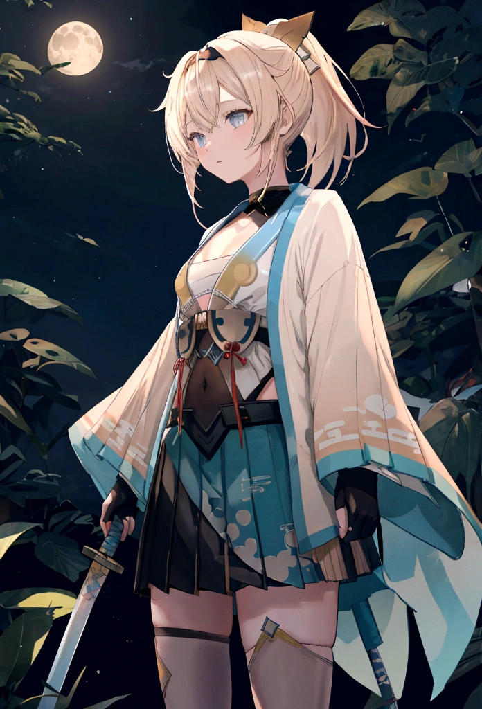 moon, 1girl, weapon, sword, solo, male focus, night, blue theme, full moon, katana, japanese clothes, nature, long hair, tree, standing, night sky, silhouette, holding, sky, holding sword, leaf, sheath, holding weapon, ponytail, outdoors, forest, water, monochrome, star (sky), moonlight, kazama iroha, blonde hair, fingerless gloves, japanese clothes, white thighhighs, haori, black gloves, bangs, pleated skirt, ponytail, chest sarashi, blue eyes, black hairband, hair ornament, leaf hair ornament, long sleeves, covered navel, breasts, long shot