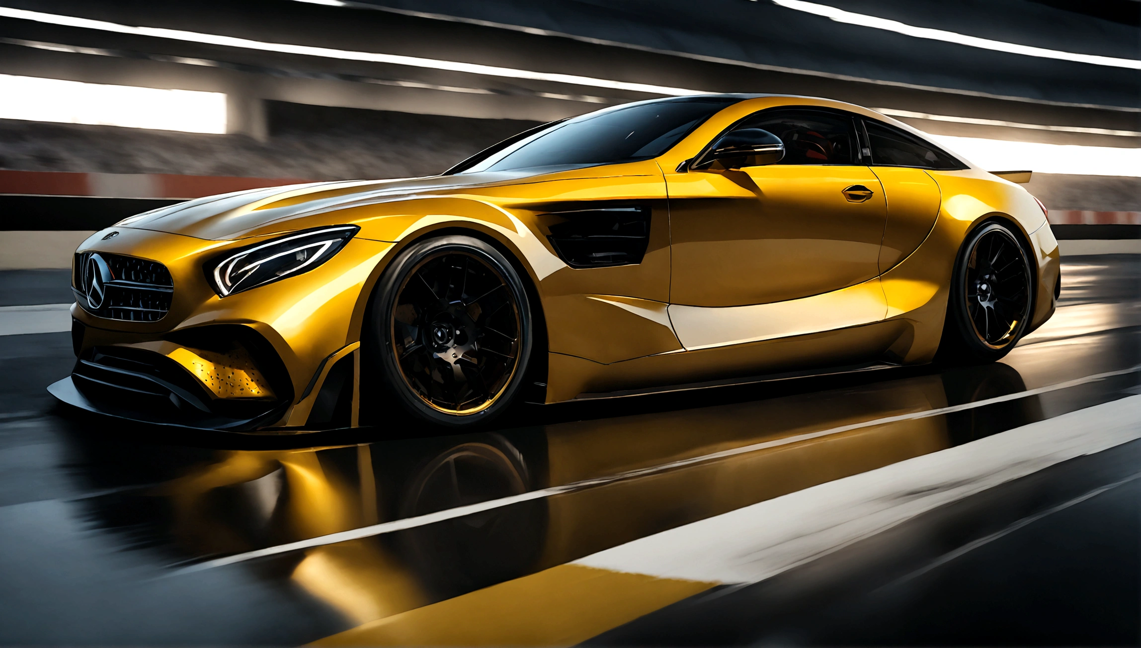 a highly detailed, photorealistic rendering of a yellow mercedes benz sports car, sleek and aerodynamic design, racing on a racetrack, dramatic lighting, vivid colors, extreme detail, dynamic motion blur, reflection on the shiny body panels, muscular engine, professional motorsports photography, 4k, octane render
