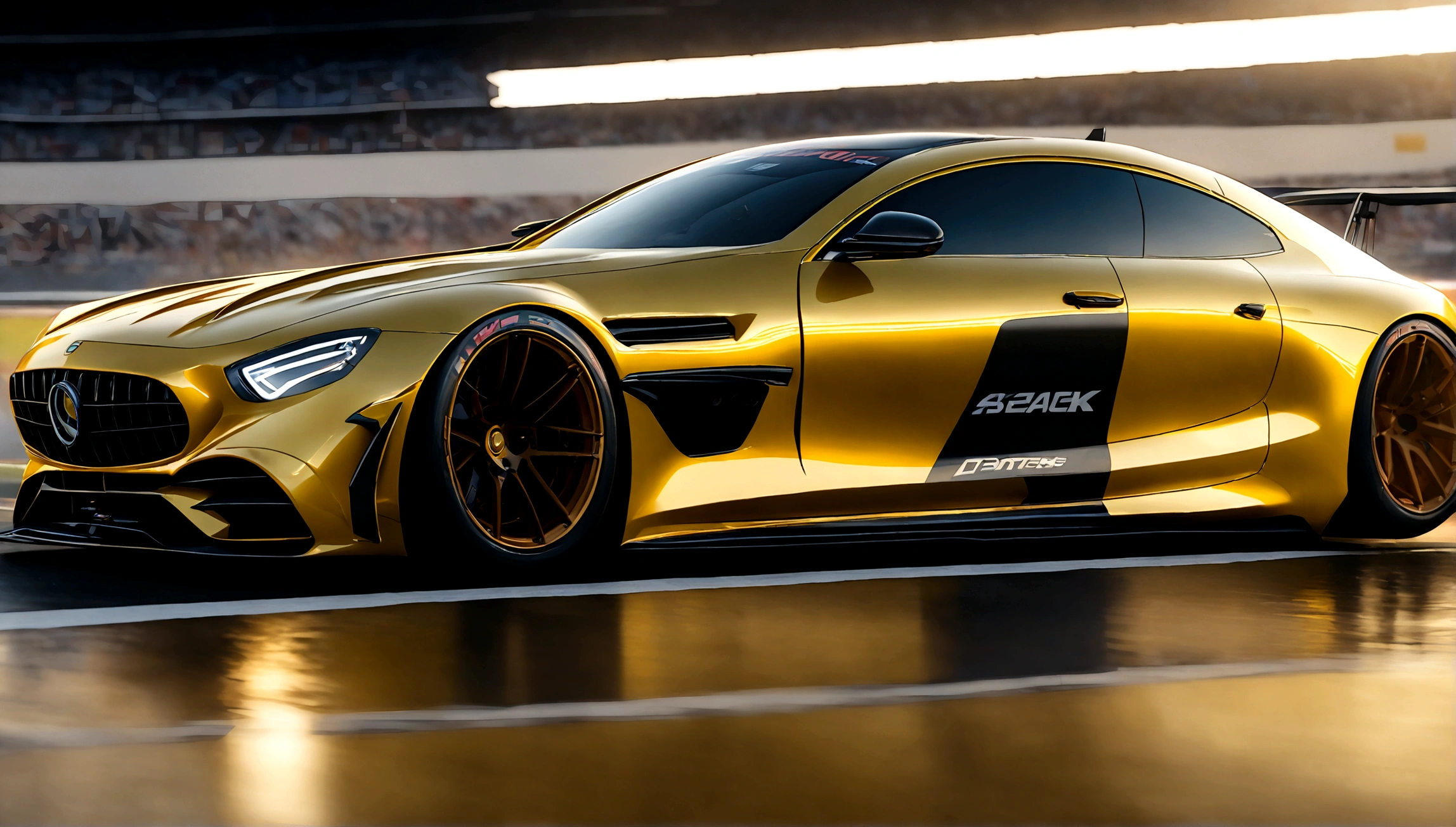 a highly detailed, photorealistic rendering of a yellow mercedes benz sports car, sleek and aerodynamic design, racing on a racetrack, dramatic lighting, vivid colors, extreme detail, dynamic motion blur, reflection on the shiny body panels, muscular engine, professional motorsports photography, 4k, octane render
