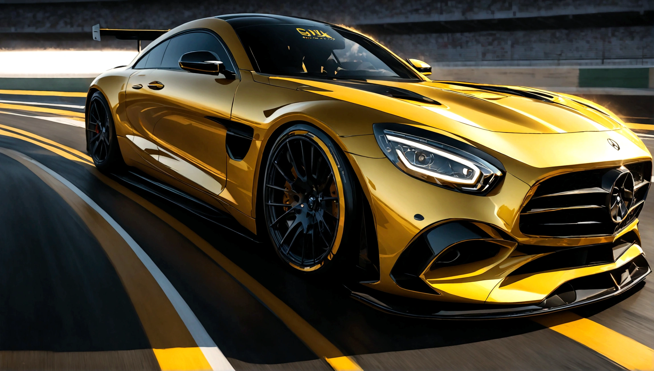 a highly detailed, photorealistic rendering of a yellow mercedes benz sports car, sleek and aerodynamic design, racing on a racetrack, dramatic lighting, vivid colors, extreme detail, dynamic motion blur, reflection on the shiny body panels, muscular engine, professional motorsports photography, 4k, octane render