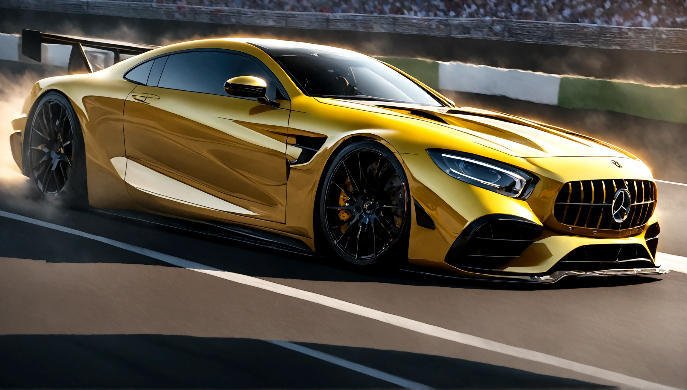 a highly detailed, photorealistic rendering of a yellow mercedes benz sports car, sleek and aerodynamic design, racing on a racetrack, dramatic lighting, vivid colors, extreme detail, dynamic motion blur, reflection on the shiny body panels, muscular engine, professional motorsports photography, 4k, octane render