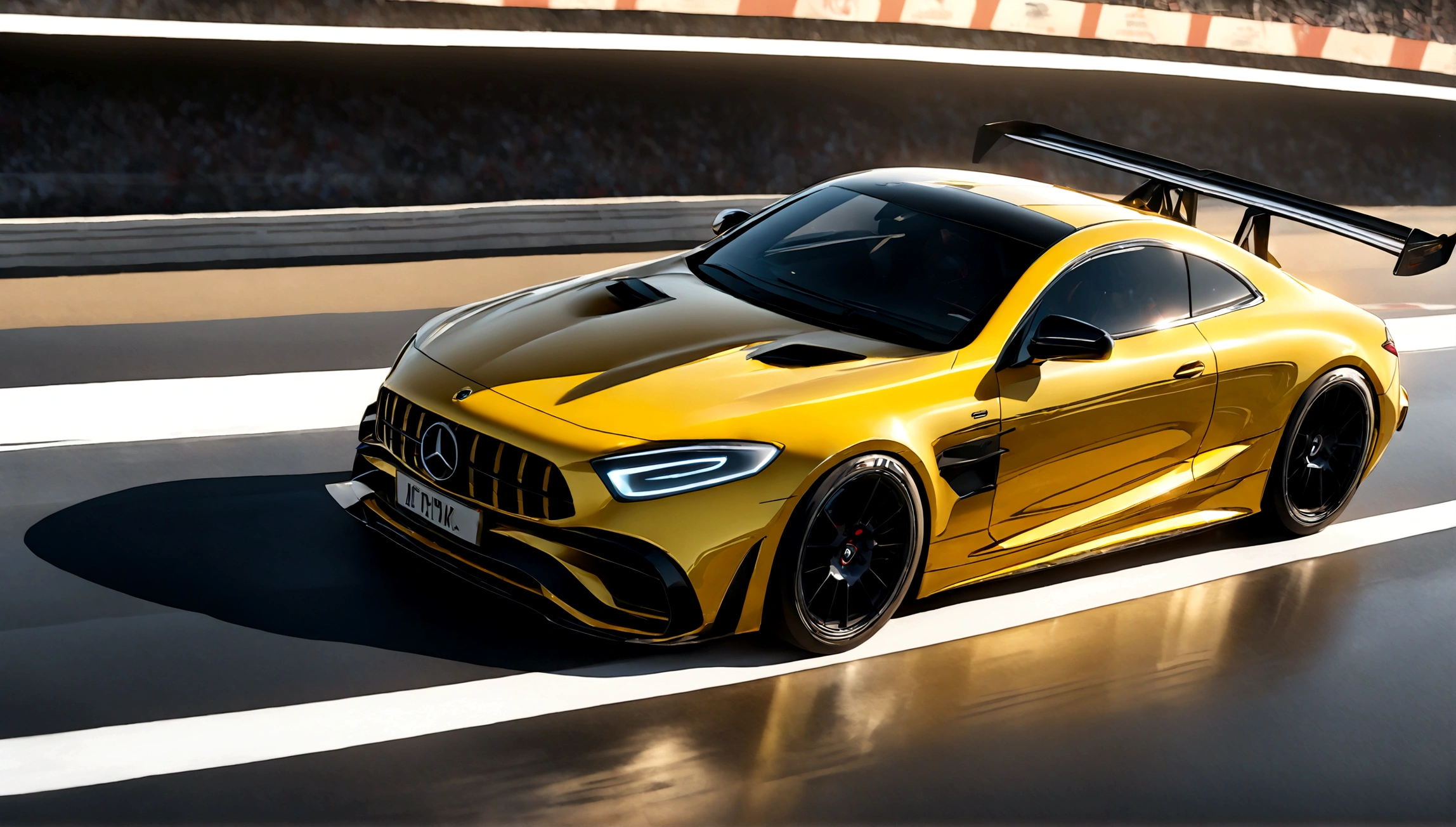 a highly detailed, photorealistic rendering of a yellow mercedes benz sports car, sleek and aerodynamic design, racing on a racetrack, dramatic lighting, vivid colors, extreme detail, dynamic motion blur, reflection on the shiny body panels, muscular engine, professional motorsports photography, 4k, octane render
