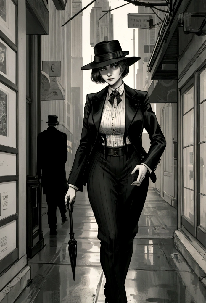 Female lawyer in Chicago in the 1920s, noir atmosphere