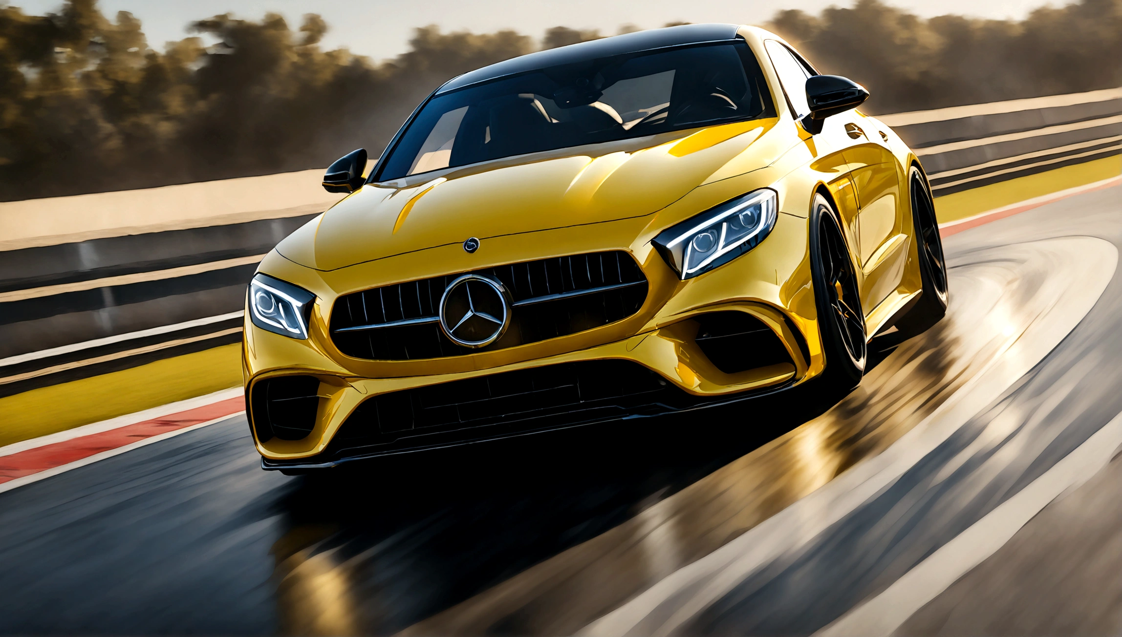 a highly detailed, photorealistic rendering of a yellow mercedes benz sports car, sleek and aerodynamic design, racing on a racetrack, dramatic lighting, vivid colors, extreme detail, dynamic motion blur, reflection on the shiny body panels, muscular engine, professional motorsports photography, 4k, octane render