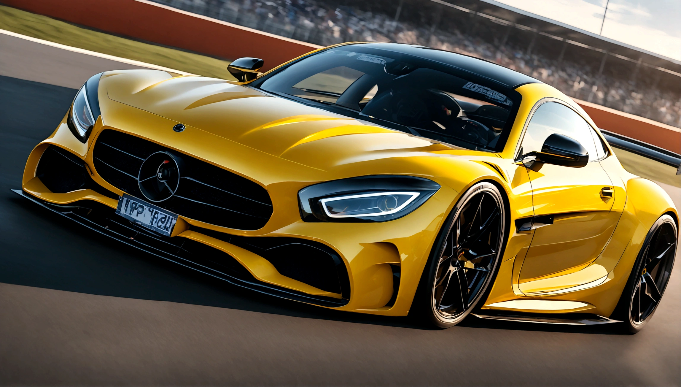 a highly detailed, photorealistic rendering of a yellow mercedes benz sports car, sleek and aerodynamic design, racing on a racetrack, dramatic lighting, vivid colors, extreme detail, dynamic motion blur, reflection on the shiny body panels, muscular engine, professional motorsports photography, 4k, octane render