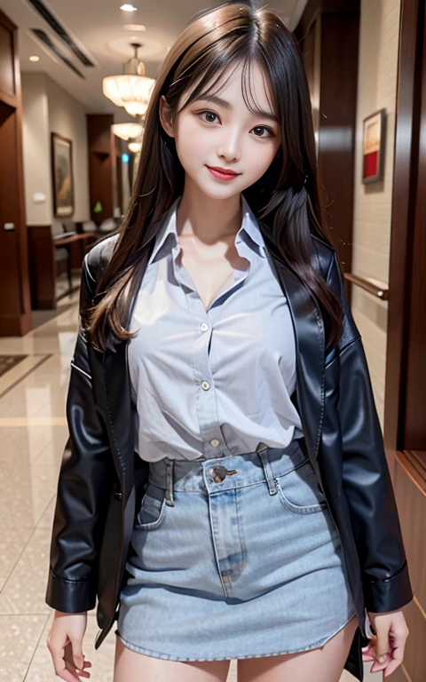 highest quality, shape, Super detailed, finely, High resolution, 8k wallpaper, 完璧なダイナミックな構shape, ((Sexy pose)), Beautiful Skin, (Big eyes), Beautiful 20 year old girl,slender, Natural color lip, Center of chest, smile, Highly detailed face and skin texture, Fine grain, double eyelid,Laughing with loose teeth, close, From below, Long black hair, (Grey jacket), (shirt:1.2), beautiful hotel lobby,Real,