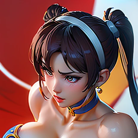 Detailed high quality image of Chun Li red lips blushing tender face firm body perfect breasts Chun Li&#39;s iconic dress full body view hands on her waist 