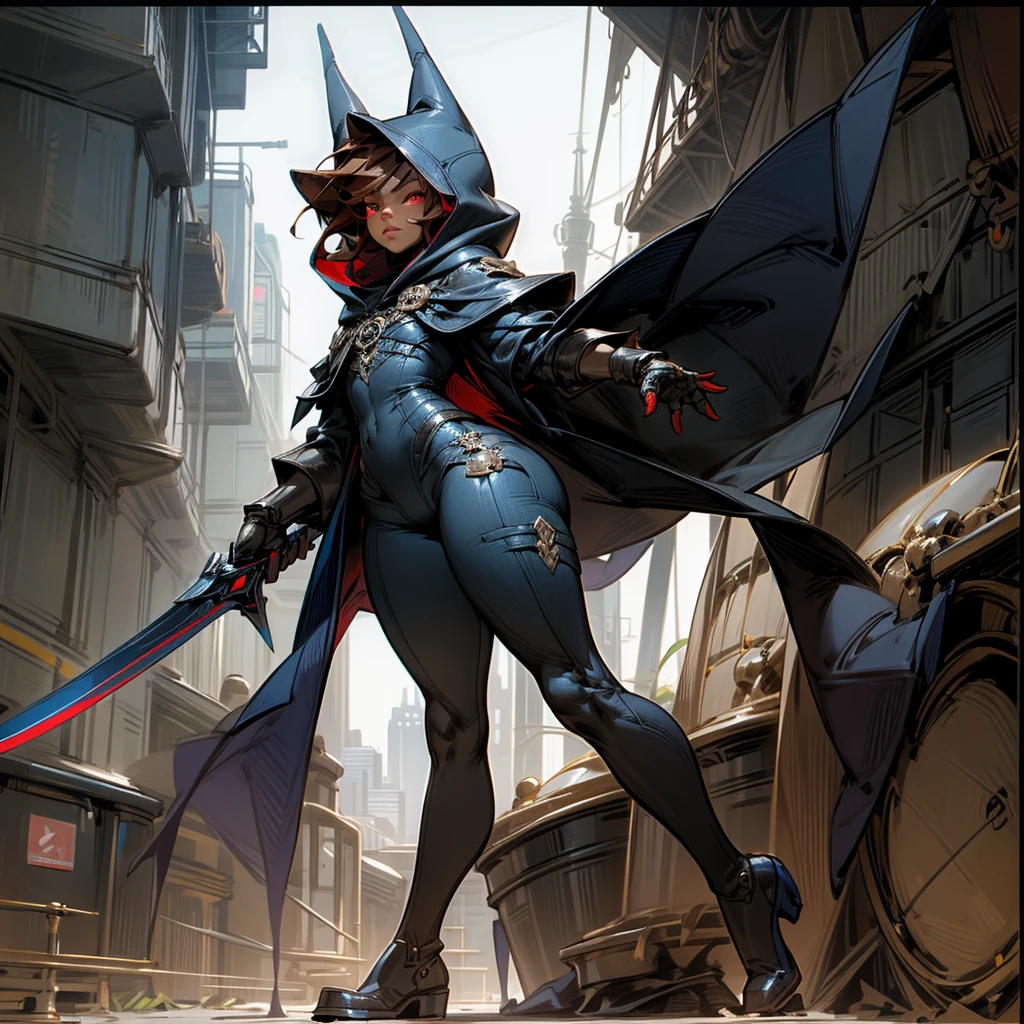 1boy, Femboy, superhero, crossdresser man, ager, with a dark blue with red accents full body Spandex crow themed suit, with a blue cape, a blue glowing decal in the chest, black gloves and black boots that resemble crow feet, and a hoodie, long technological red sword, brown skinned, red eyes, feminine shoulder length dark brown hair, wide hips, thick thighs , flat chest, narrow waist, walking down street a futuristic city at night ((only one character))
