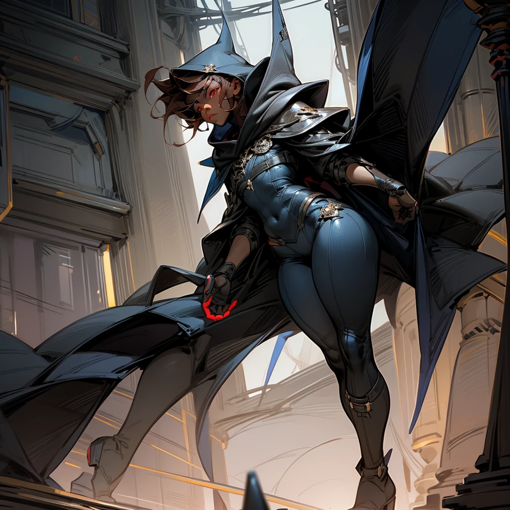 1boy, Femboy, superhero, crossdresser man, ager, with a dark blue with red accents full body Spandex crow themed suit, with a blue cape, a blue glowing decal in the chest, black gloves and black boots that resemble crow feet, and a hoodie, long technological red sword, brown skinned, red eyes, feminine shoulder length dark brown hair, wide hips, thick thighs , flat chest, narrow waist, walking down street a futuristic city at night ((only one character))