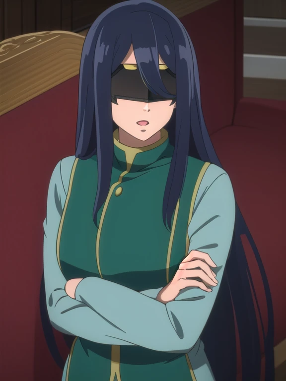 (((Best quality))),((Ultra-detailed)),((illustration)),((Disheveled hair)),((frilld)),(1 girl),1girl, arms under breasts, black blindfold black hair, blindfold, book hug, breast hold, chair, cosplay, crossed arms, eyepatch, facing viewer, hairband, hand on own arm, long hair, long sleeves, open mouth, parted lips, shaded face, solo, upper body, very long hair, A mask that covers the eyes, sleep mask