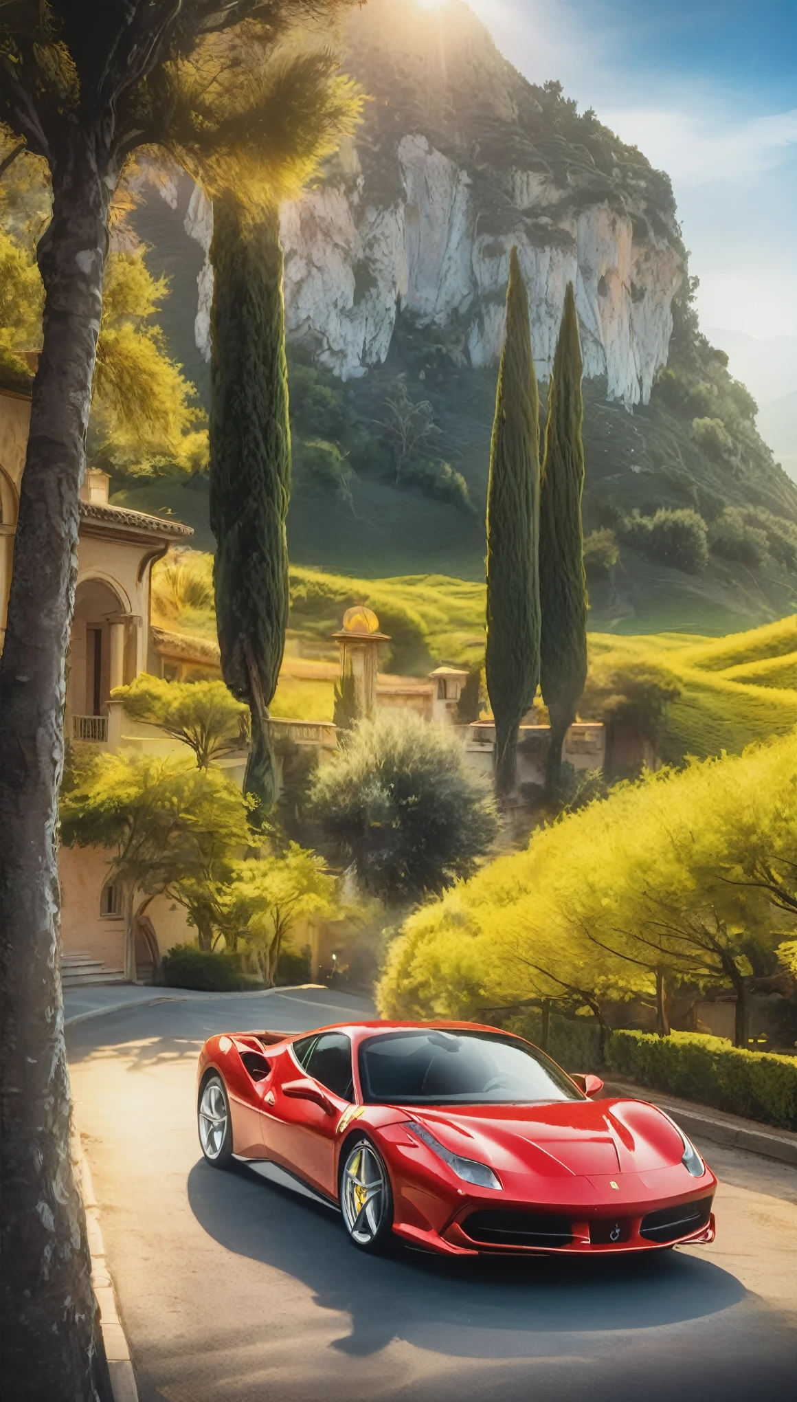 A fascinating tableau of cinematic masterpieces、The Ferrari 488 GTB is packed with intricate detail and realism.、It embodies the essence of sophisticated and powerful luxury.。Bask in the golden glow of a sun-drenched Italian villa、Green hills and cypress trees々Against the backdrop of、The car&#39;s iconic red body shines。The finely crafted aluminum alloy、The iconic prancing horse emblem is an accent.、It represents the rich heritage and performance of this incredible automobile.。This ultra-realistic and highly detailed expression、Serves as a magnificent tribute to the pure beauty and elegance of an automotive icon。