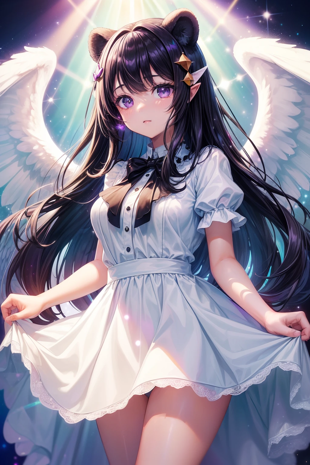 ((worst quality, low-quality)), ((black Bear-eared chemomimi girl)), (pure white dress), ((Black-haired berry berry short, purple inner color)), plump shiny lips, Beautiful clear purple  eyes, Spoken Heart, Leaning forward, ((big angel wings)),  and an angel ring that emits neon light, (stained glass background), ((Shining sunlight)), (light Particle, light glow, llight rays:1.4), masutepiece,Best Quality,ultra-detailliert,