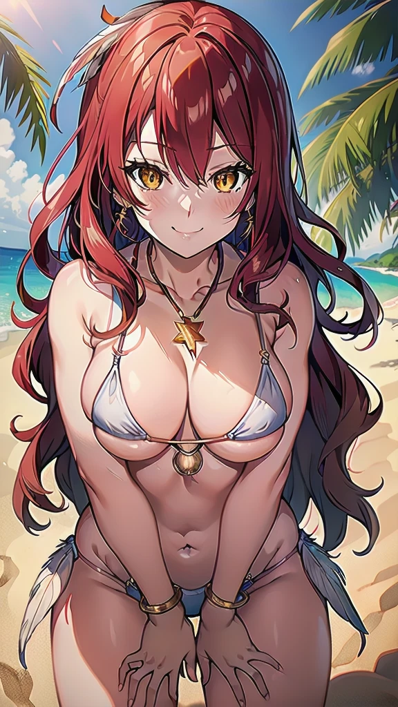 masterpiece, best quality, 1 solo girl, red hair, yellow eyes, long hair, medium , sexy boand face, wavy hair, smile, white bikini, pendant, bracelet, jewelry, earrings, feather hair ornament, ball, lying at the sand, summer, sexy pose,wboy shots, detailed body, face, and eyes, sharp focus, vibrant, creative, dynamic, high definition, high resolution, 8k, (Upscale: R-ESRGAN 4x+ Anime6mage enchance:4x), voluptuous body, cinema lightning, dakimakura style, looking at the viewer,