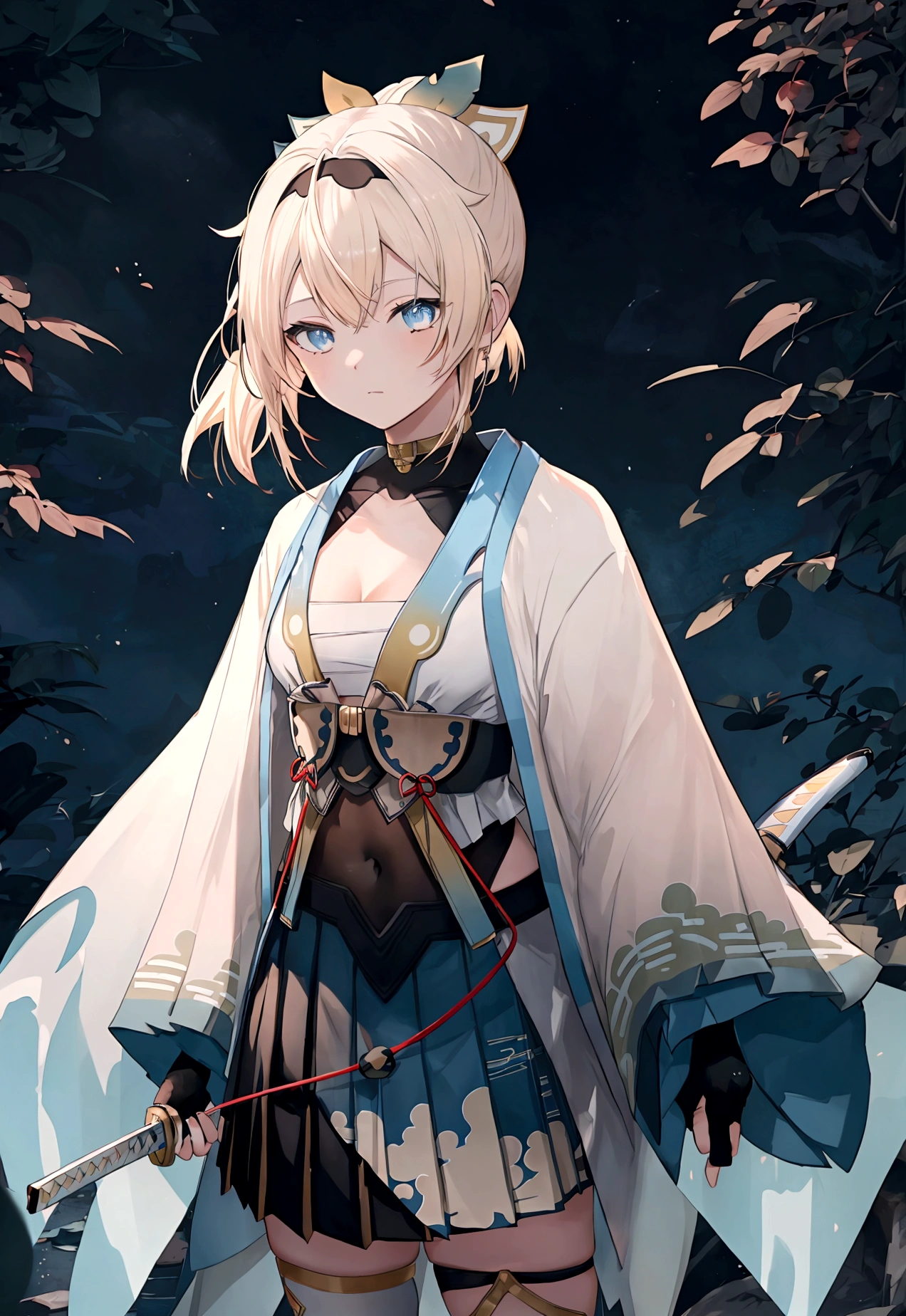 moon, 1girl, weapon, sword, solo, male focus, night, blue theme, full moon, katana, japanese clothes, nature, long hair, tree, standing, night sky, silhouette, holding, sky, holding sword, leaf, sheath, holding weapon, ponytail, outdoors, forest, water, monochrome, star (sky), moonlight, kazama iroha, blonde hair, fingerless gloves, japanese clothes, white thighhighs, haori, black gloves, bangs, pleated skirt, ponytail, chest sarashi, blue eyes, black hairband, hair ornament, leaf hair ornament, long sleeves, covered navel, breasts, long shot