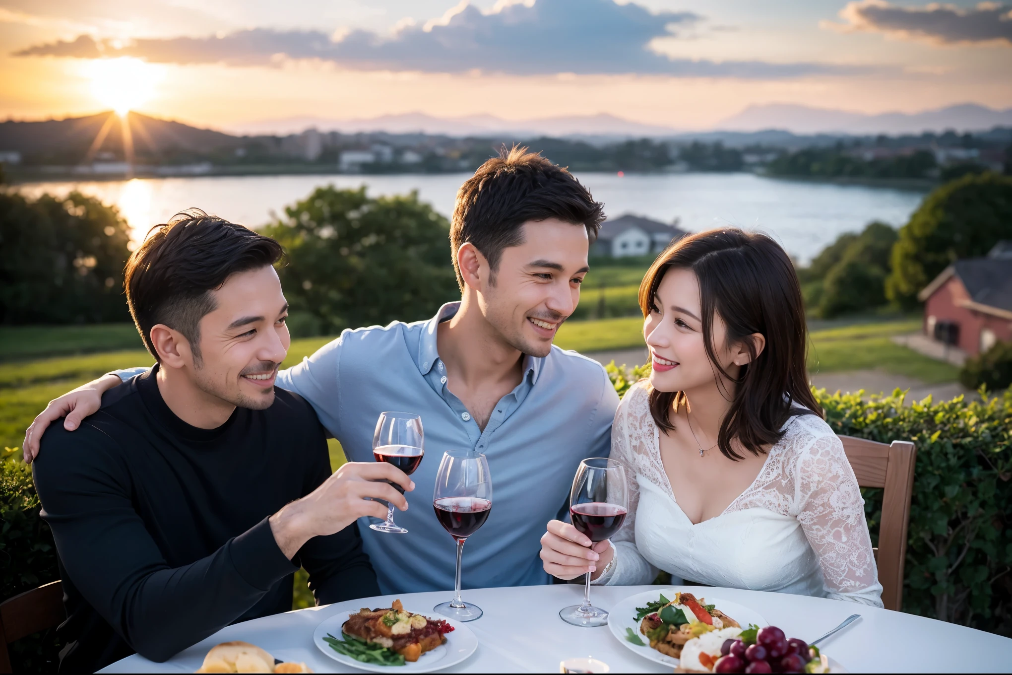 ((highest quality、8k、masterpiece:1.3))、 (Genuineistic, Genuine、Bright image、Intricate details:1.2), Best smile 1 man 1 woman、Beautiful Couple、spouse、Couple、spouse、Beautiful Couple、Smile、full-course dinner、 (Slim face), (The body is slim), (Brown Hair), (short hair), テーブルの上のwine glass、Please shine a light on my face、 Amazing view of the sunset sky and clouds、 (Age 44), 41 years old, 35歳red wine 、Appetizers、Wine bottle、sparkling wine、Long sleeve shirt、dress、White wine, red wine, wine glass, 