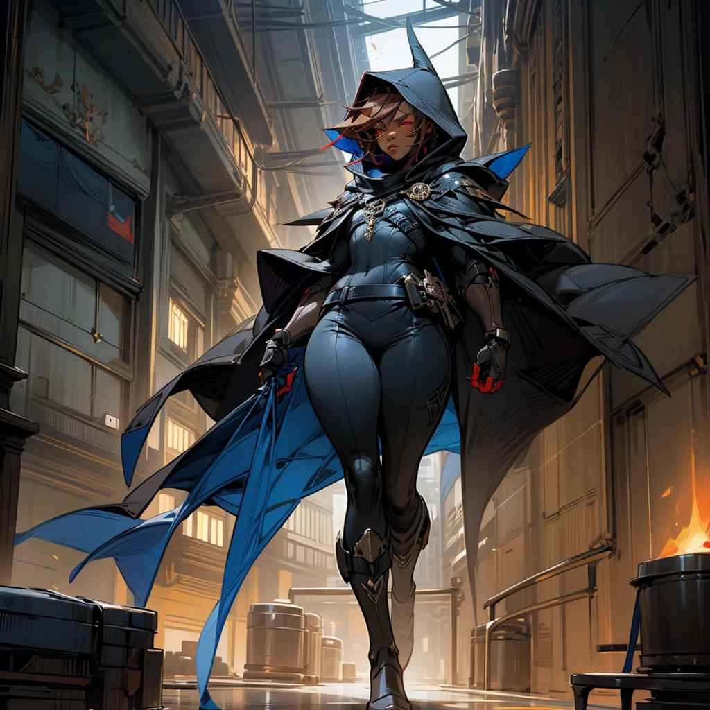 1boy, Femboy, superhero, crossdresser man, teenager, with a dark blue with red accents full body Spandex crow themed suit, with a blue cape, a blue glowing decal in the chest, black gloves and black boots that resemble crow feet, and a hoodie, long technological red sword, brown skinned, red eyes, feminine shoulder length dark brown hair, wide hips, thick thighs , flat chest, narrow waist, walking down street a futuristic city at night ((only one character))
