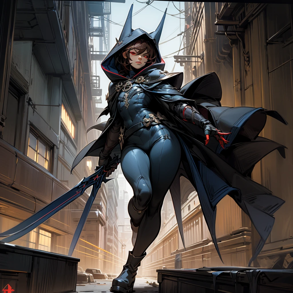 1boy, Femboy, superhero, crossdresser man, ager, with a dark blue with red accents full body Spandex crow themed suit, with a blue cape, a blue glowing decal in the chest, black gloves and black boots that resemble crow feet, and a hoodie, long technological red sword, brown skinned, red eyes, feminine shoulder length dark brown hair, wide hips, thick thighs , flat chest, narrow waist, walking down street a futuristic city at night ((only one character))