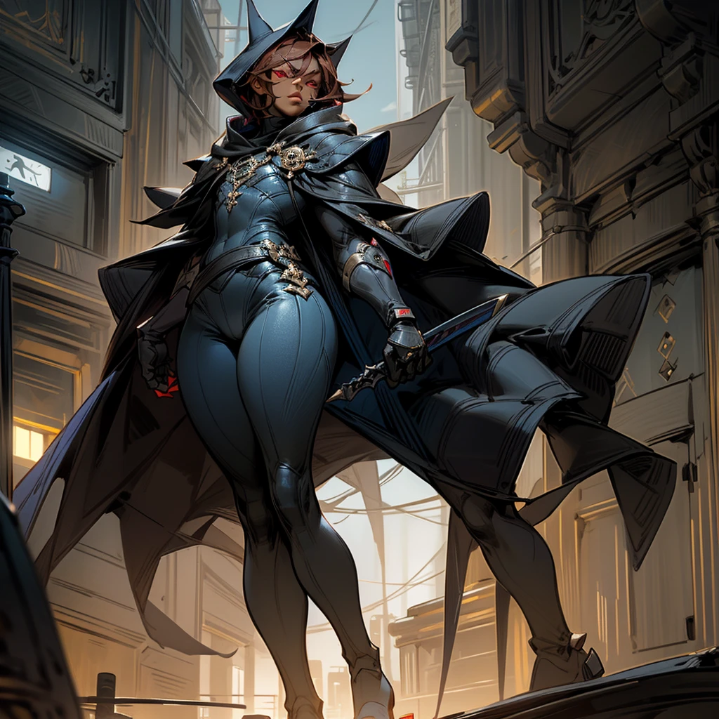 1boy, Femboy, superhero, crossdresser man, teenager, with a dark blue with red accents full body Spandex crow themed suit, with a blue cape, a blue glowing decal in the chest, black gloves and black boots that resemble crow feet, and a hoodie, long technological red sword, brown skinned, red eyes, feminine shoulder length dark brown hair, wide hips, thick thighs , flat chest, narrow waist, walking down street a futuristic city at night ((only one character))