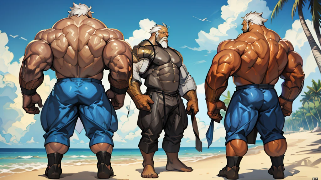 beach, extremely huge muscular, massive muscular, full-body, well-muscled old man. ((extremely muscle size, super thick arms, huge back, extremely wide back and shoulder , huge arms)). and add details to make it attractive and interesting. Add textures and details to make the image more realistic, such as the appearance of the shirt texture and the appearance of the skin. Make sure the resulting image is high resolution, 8K quality."