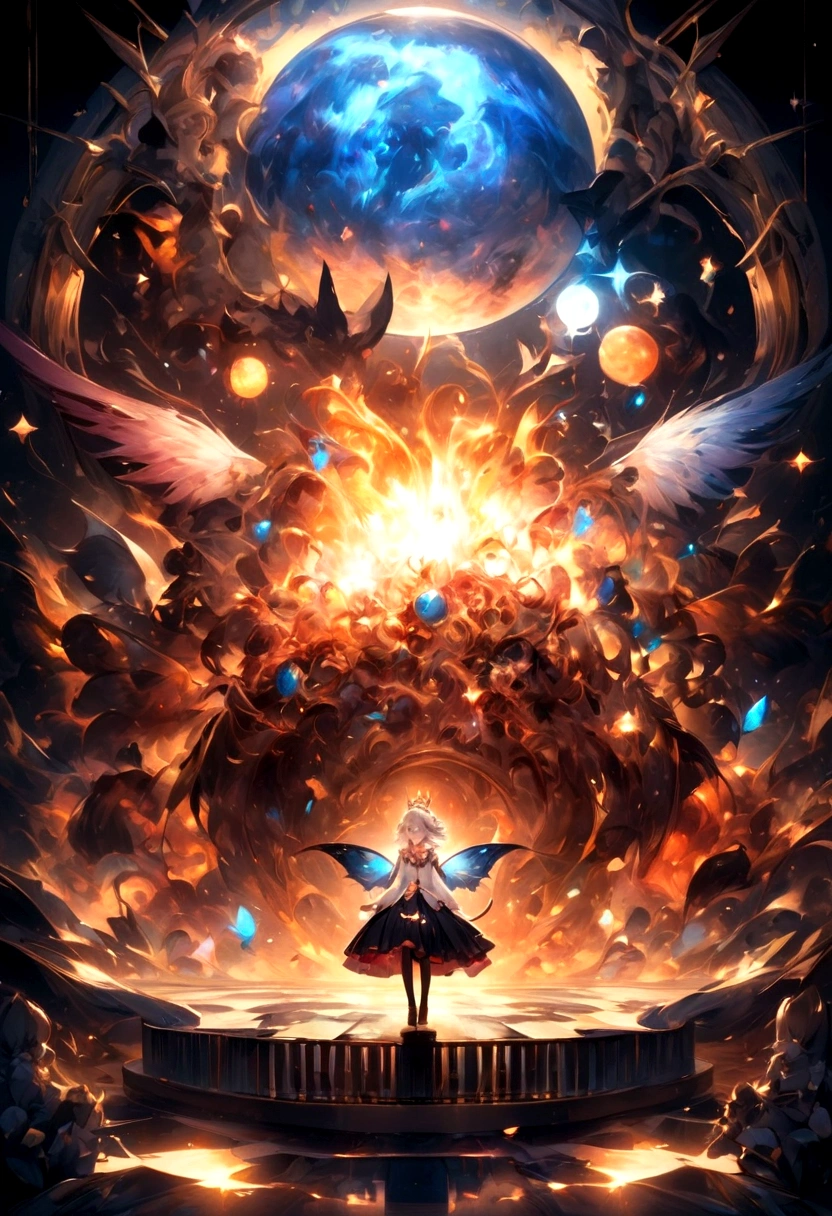 magicの杖、chandelier、cute、、Young girl、12Year、flight、Your eyes are bright and beautiful、whole body、Gray Hair、白いCatの耳、Cat'tail、beautiful青い目、White Crown、白いgem、piano、White Vampire Wings、Also々funny Face、beautiful、Black Moon、Lots of blue light、universe、Fantasy,Lots of light、gem、magic、AmbiLight,The colors are vibrant and bright,Black background,mist,Detailed Description,Rich details,An explosion of imagination,Surreal,Ultra-realistic,masterpiece,8k,Light,Tyndall effect