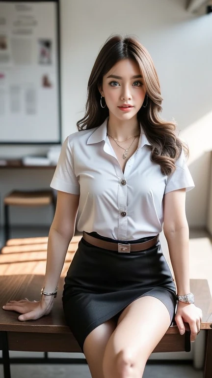 (8K, high resolution,Masterpiece, best quality, alone, complicated details, Chromatic aberration), realistic, ((Big chests)), ((chest)), ((chest)), (chestหย่อนคล้อย.), hair in one eye, big round hoop earrings, Diamond choker, Gold Necklace, silver necklace, small watch, bangle, bracelet, bangleข้อเท้า, waist necklace, (symmetrical eyes),(Perfect symmetrical body), (Photo of a beautiful age girl in her 20s.), Beautiful and charming with contemporary fashion paintings as well..., looking at the audience, ((Behind the scenes of a large classroom)), (black short skirt), (((blue jacket., ((white short sleeve shirt,to break out), (open your shirt.), )), (เปิดchest), (chestหย่อนคล้อย.))), (()), (Long square leather belt buckle), ((Put your hands down.)), (Bob, medium length hair,big curls, Side flatness, Golden blonde brown hair, (There is a thin layer of hair covering the face...)), sharp eyeliner, eyelid, Blush, have thick eyelashes, sharp eyes, purple eyes, pink cheeks, Very delicate and beautiful, round chin, Sharp focus, elegant, (sitting on the study table..), (Sit with your legs spread apart., feet free, Showing off faint underwear), (), (Close-up full body photo, Saw black stilettos.)