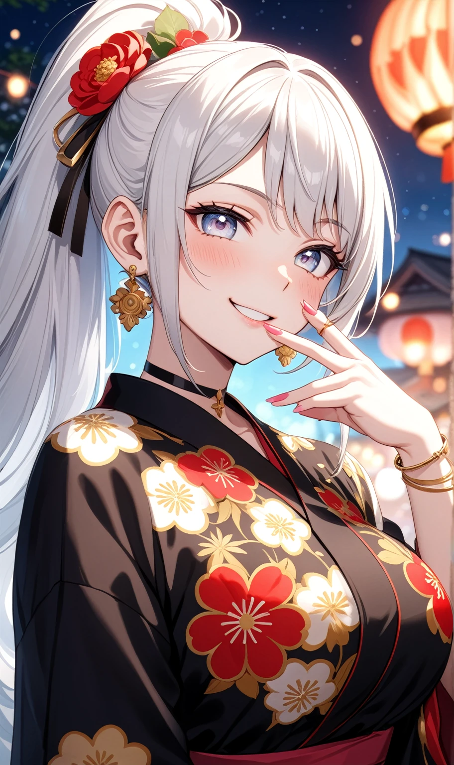 ((one personの女性)), Beautiful Face,((Wink:1.9)),(a woman in a dynamic hand sign. She is waving while looking back over her shoulder. She has a friendly expression),(Bright red cheeks:1.4),Laughing embarrassedly,Laughing with your mouth open,Glossy pink lips,Lighting on the face,night,night景と海が美しい公園,Colorful fireworks,((Anime style background)),masterpiece, highest quality, so beautiful, Latest, Complex details, (Pink long nails),(ring),(bracelet),(choker),AI-generated, Complex,High resolution, highest quality, super high quality,3D Images、View your viewers、3D Images,one person,Long white hair,High Ponytail,(blue eyes),Anime woman posing for a photo, ((Fine grain、Silvery white colorful eyes、Shining Eyes:1.3)),(Squint your eyes:1.1),a hyperRealistic , hyperRealistic , Realistic,Anime woman with long and white hair, Smooth anime CG art, A woman in a colorful kimono with gold embroidery, (Black kimono),Red floral pattern,Long flower hair ornament,Big earrings,Mature Body,(Big Breasts:1.1),Tall,Fine details,Abdominal muscles,Narrow waist,(Zoom in on face:1.1),Tilt your head,Stand up straight,