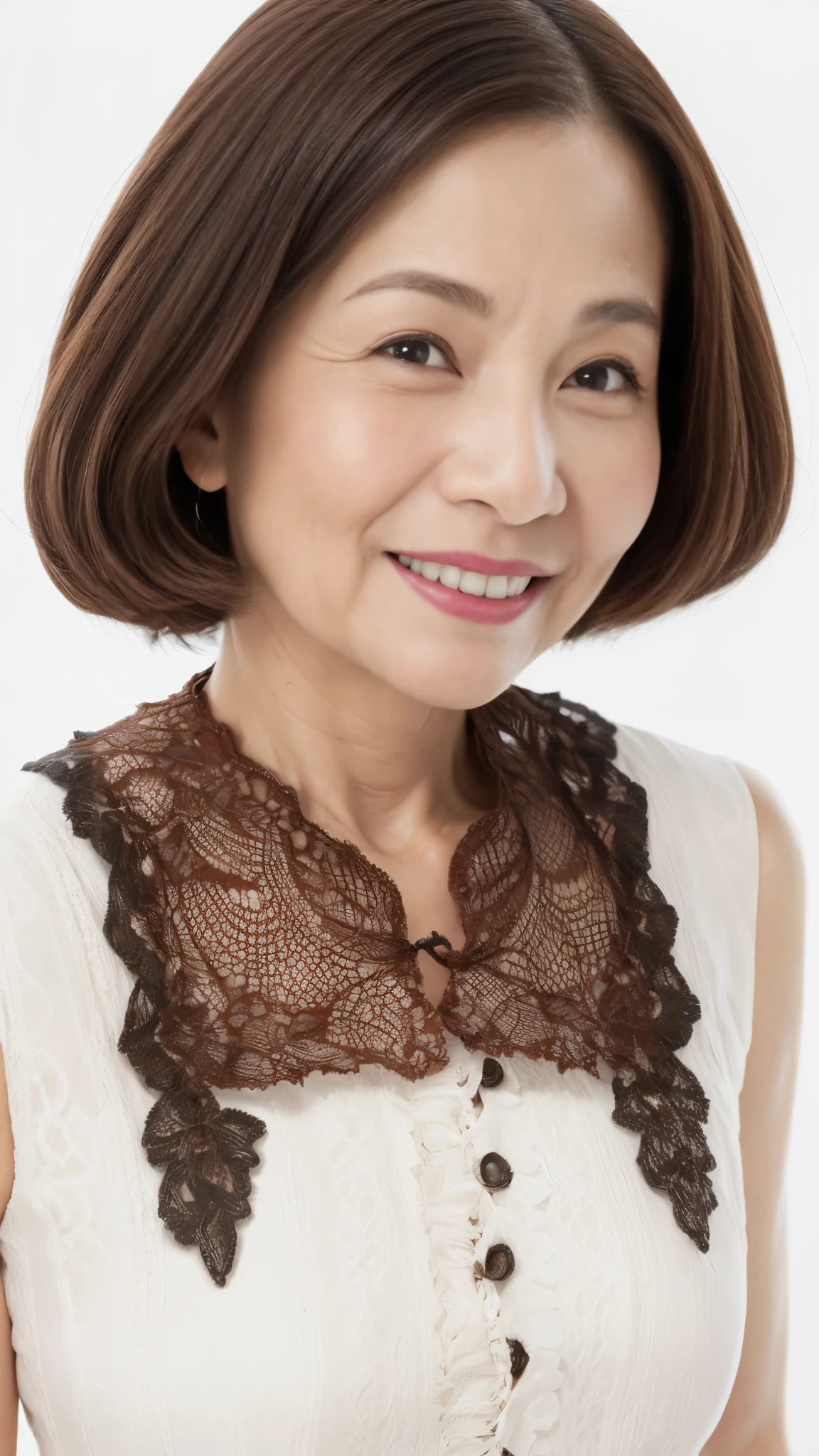 ((Face close-up)), ((Grandmother)), (((Short Bob))), Late Elderly, Aged face, Perfect composition, ((Fractal Art)), (((masterpiece))), 8k, Clear images, (((alone))), (((Asian Beauty))), Pure white background, Natural Hair Color, Hands behind back, Refreshing early summer outfit, Alluring, ((Elderly)), Depict lips accurately,Red lips, Flashy makeup, (((alone))), (((Perfect Anatomy))), Depicting ears correctly, Pure white background, gravure, Upright posture, smile, ((Beautiful mature woman)), highest quality, Very detailed, Realistic, Very detailed細なスキン, (Madame), (The corners of the mouth are turned up), 120 years old, Huge breasts, Mature Politician, Glamour, sexy, Pure white skin, Natural hairstyle, Comfortable clothing,