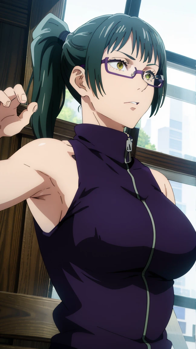 (best quality:1.5, highres, UHD, 4K, detailed eyes, detailed lighting, detailed hair, shaders), gym backround, dark green hair, ponytail, bangs,cool woman, cool girl, sharp eyes, yellow eyes, beautiful, large breasts, sport bra, purple jacket, turtleneck ,sleeveless, glasses, armpits, detailed armpits