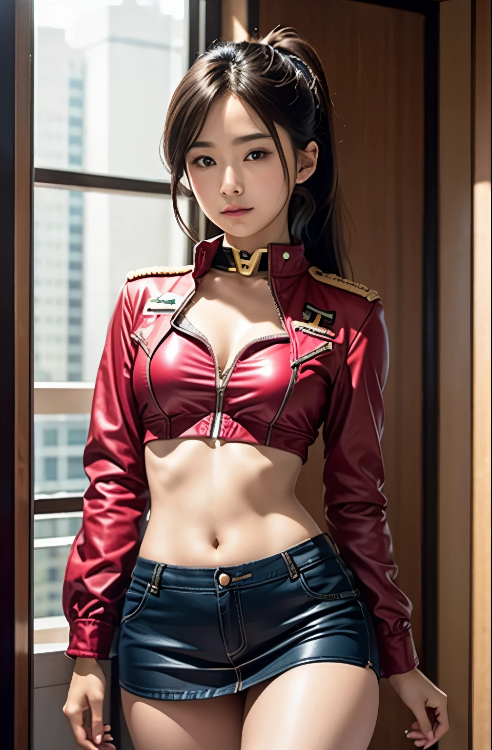 Actual Photos、Highest imYear quality、Realistic、Beautiful woman、白いpantiesとBeautiful thighs、Beautiful Face、real imYear、Federal Army Uniform Miniskirt、panties、ponytail、Yuriko Yoshitaka、16Year日本人女性、Zuo々Ki Nozomi:1.4、pretty girl、ピンクのpantiesーが見える、1６Year、（白いpantiesー:1.3）、Ultra mini skirt、Beautiful thighs、ピンクのpantiesー、赤いミニスカートがめくれてピンクのpantiesーが見えてる