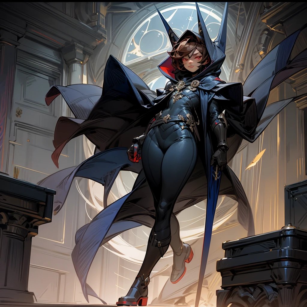 1boy, Femboy, superhero, crossdresser man, teenager, with a dark blue with red accents full body Spandex crow themed suit, with a blue cape, a blue glowing decal in the chest, black gloves and black boots that resemble crow feet, and a hoodie, long technological red sword, brown skinned, red eyes, feminine shoulder length dark brown hair, wide hips, thick thighs , flat chest, narrow waist, walking in a futuristic city at night ((only one character))