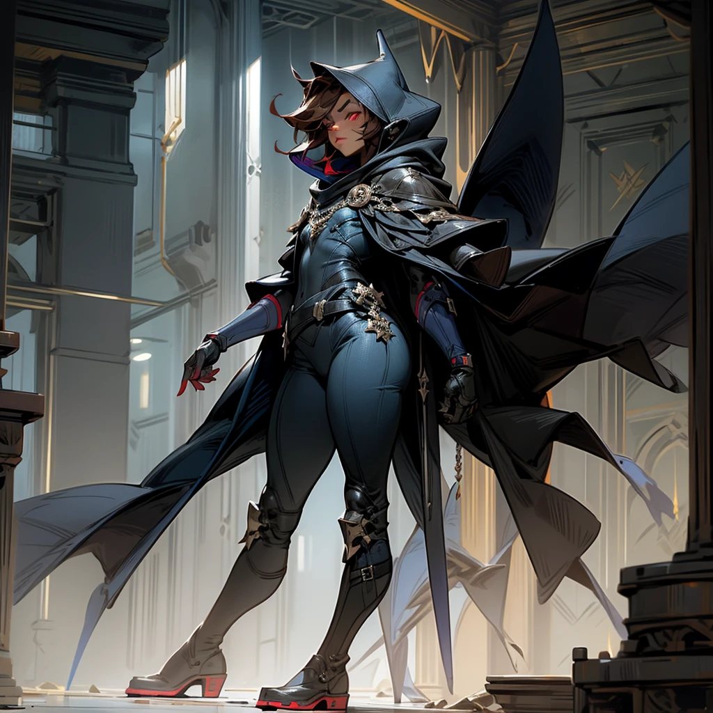 1boy, Femboy, superhero, crossdresser man, teenager, with a dark blue with red accents full body Spandex crow themed suit, with a blue cape, a blue glowing decal in the chest, black gloves and black boots that resemble crow feet, and a hoodie, long technological red sword, brown skinned, red eyes, feminine shoulder length dark brown hair, wide hips, thick thighs , flat chest, narrow waist, walking in a futuristic city at night ((only one character))