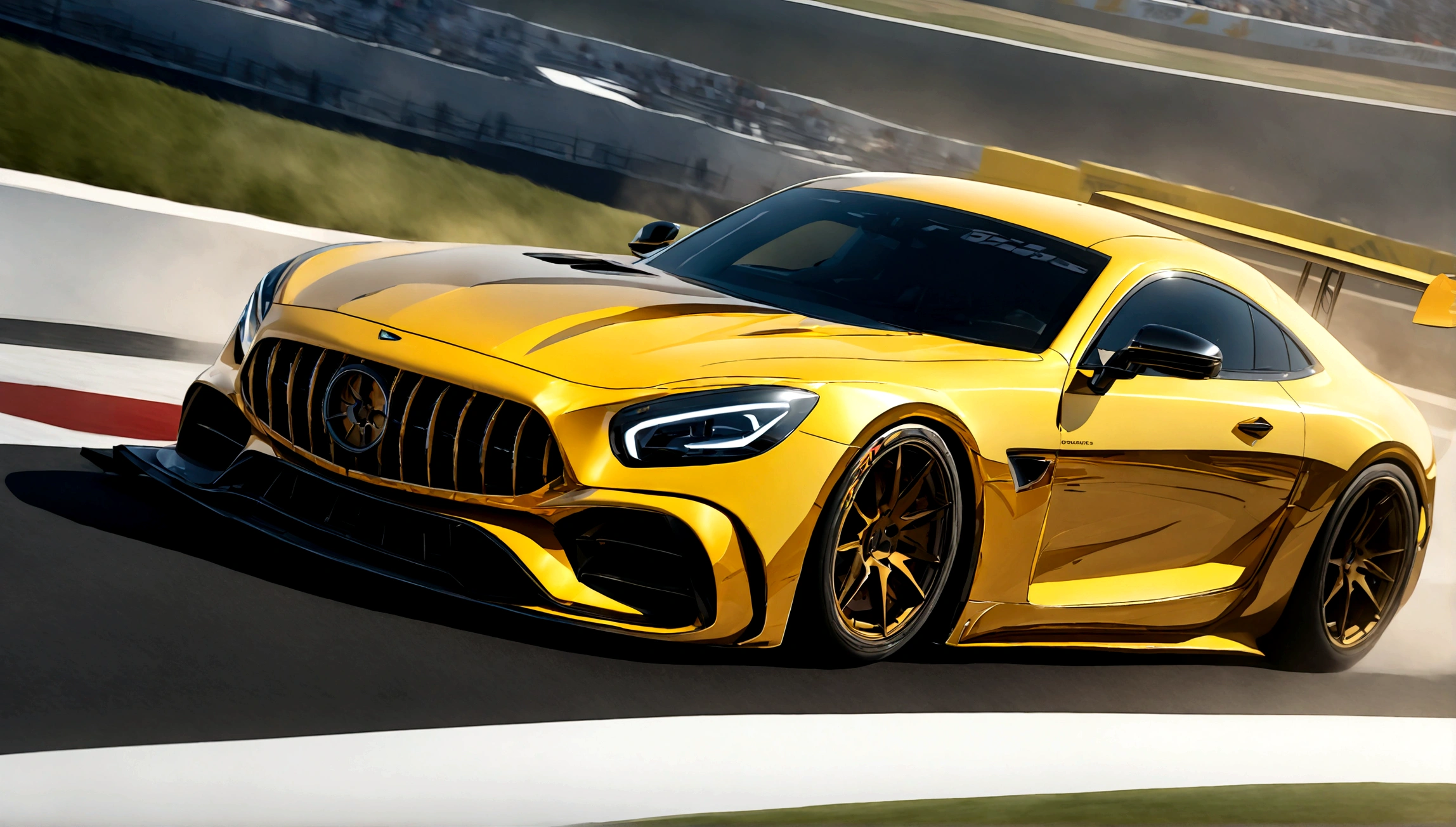 a highly detailed, photorealistic rendering of a yellow mercedes benz sports car, sleek and aerodynamic design, racing on a racetrack, dramatic lighting, vivid colors, extreme detail, dynamic motion blur, reflection on the shiny body panels, muscular engine, professional motorsports photography, 4k, octane render