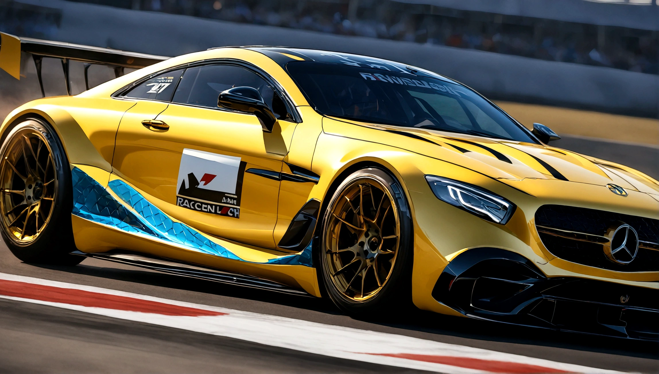 a highly detailed, photorealistic rendering of a yellow mercedes benz sports car, sleek and aerodynamic design, racing on a racetrack, dramatic lighting, vivid colors, extreme detail, dynamic motion blur, reflection on the shiny body panels, muscular engine, professional motorsports photography, 4k, octane render
