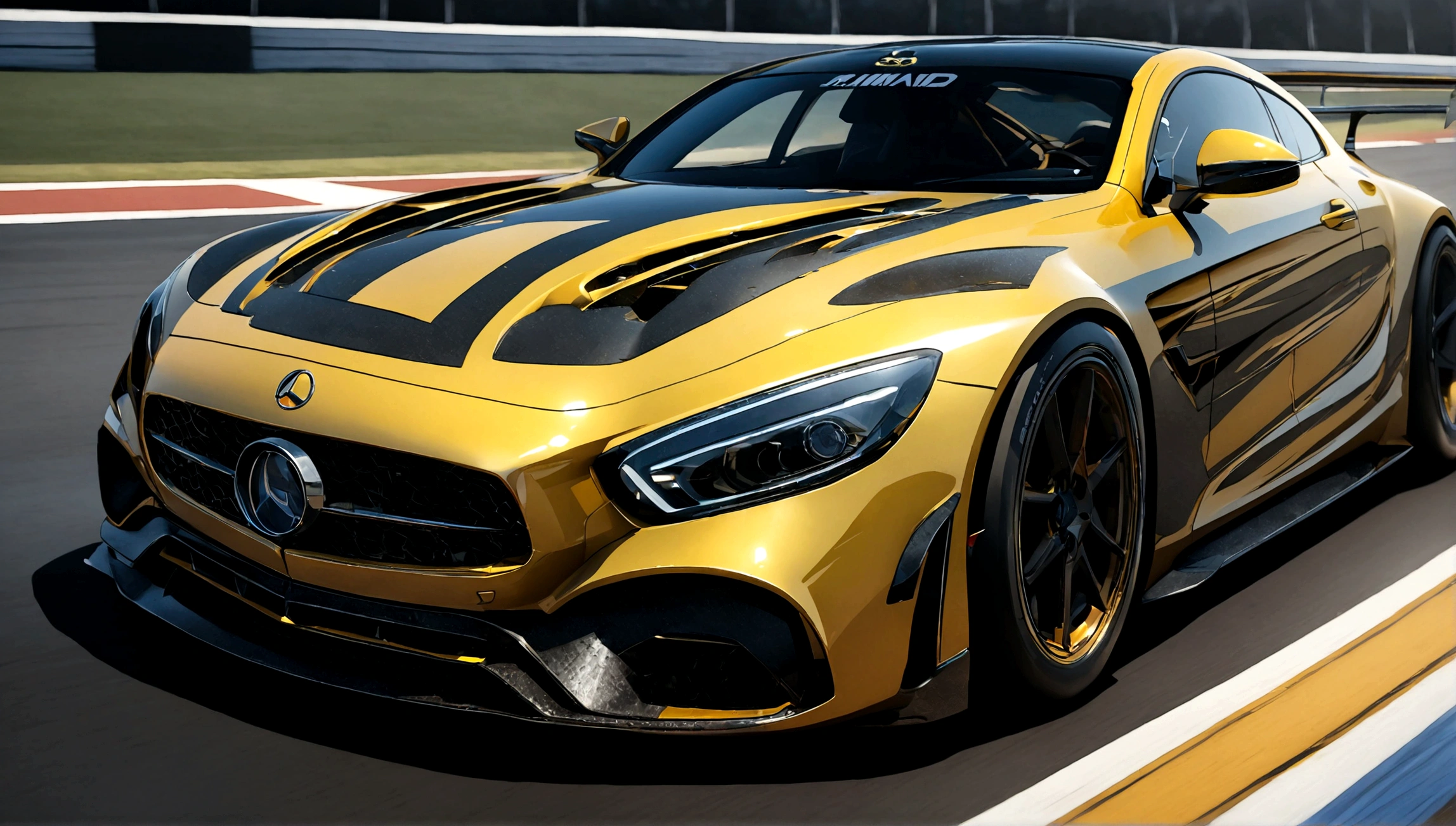 a highly detailed, photorealistic rendering of a yellow mercedes benz sports car, sleek and aerodynamic design, racing on a racetrack, dramatic lighting, vivid colors, extreme detail, dynamic motion blur, reflection on the shiny body panels, muscular engine, professional motorsports photography, 4k, octane render