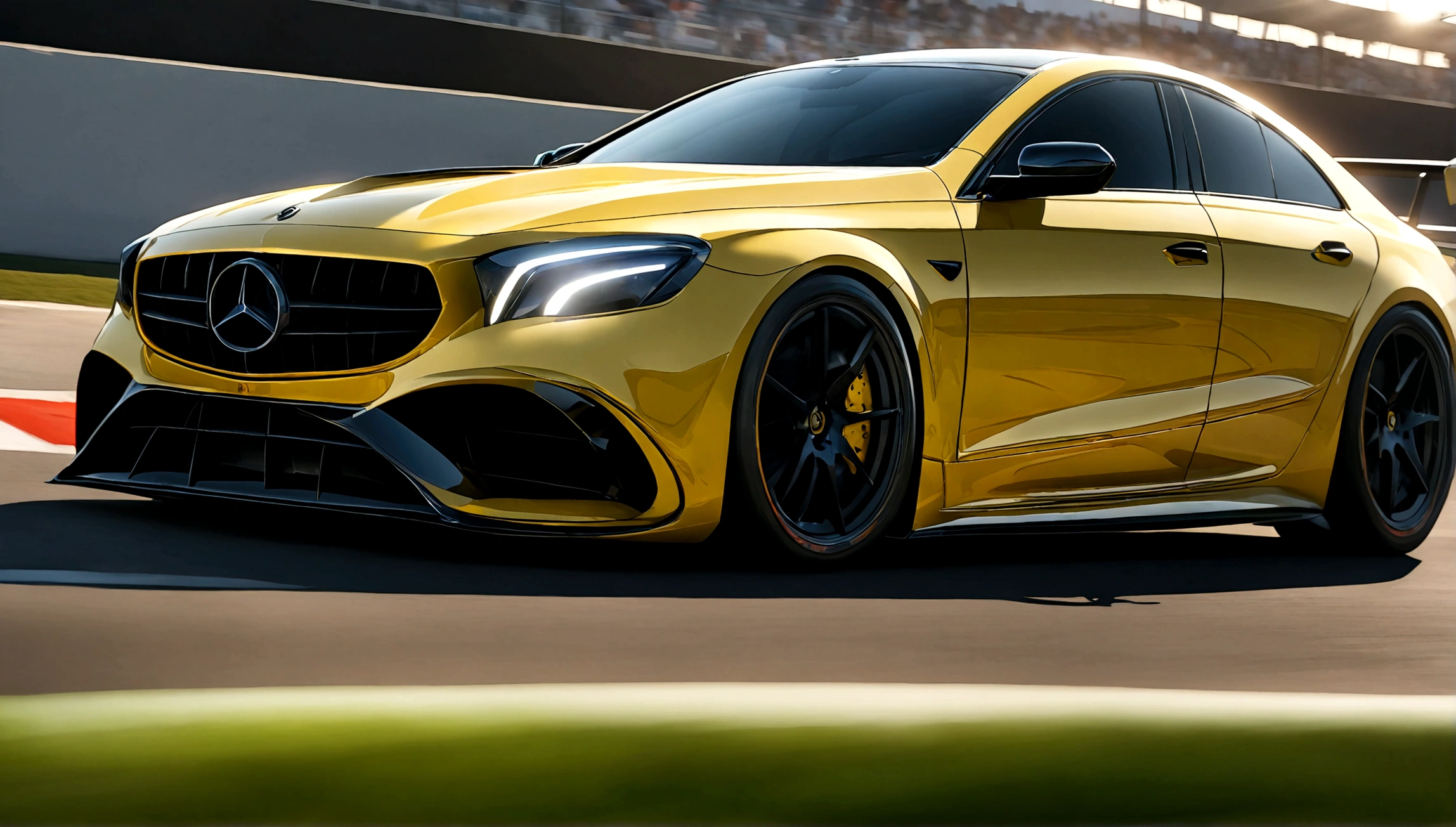 a highly detailed, photorealistic rendering of a yellow mercedes benz sports car, sleek and aerodynamic design, racing on a racetrack, dramatic lighting, vivid colors, extreme detail, dynamic motion blur, reflection on the shiny body panels, muscular engine, professional motorsports photography, 4k, octane render
